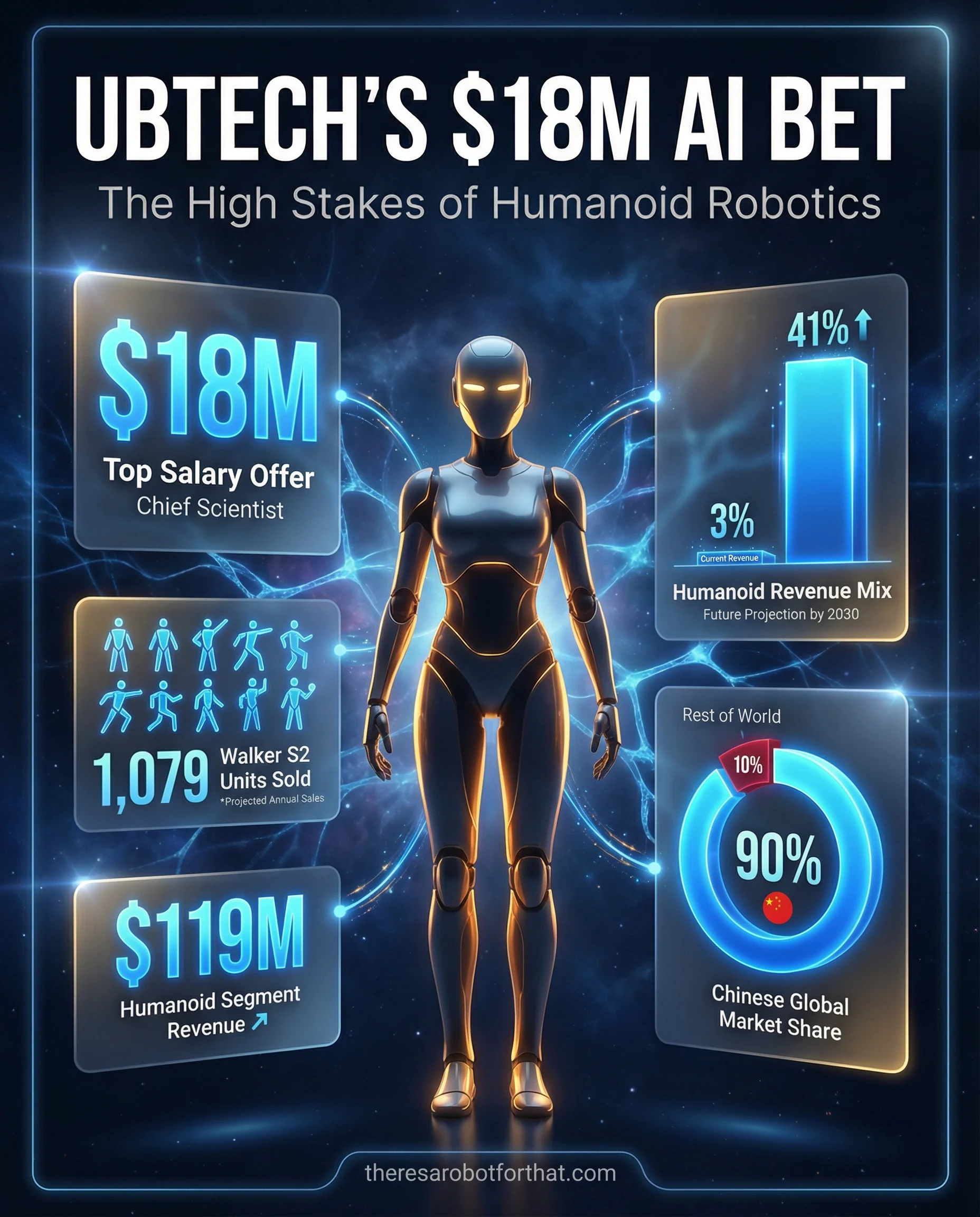 Statistical infographic titled The High Stakes of Humanoid Robotics: UBTech's $18M AI Bet. Highlights a top salary offer of $18M, a bar chart showing humanoid revenue jumping from 3% to 41%, a metric of 1,079 robots sold for $119M, and a donut chart displaying China's 90% share of global humanoid shipments.