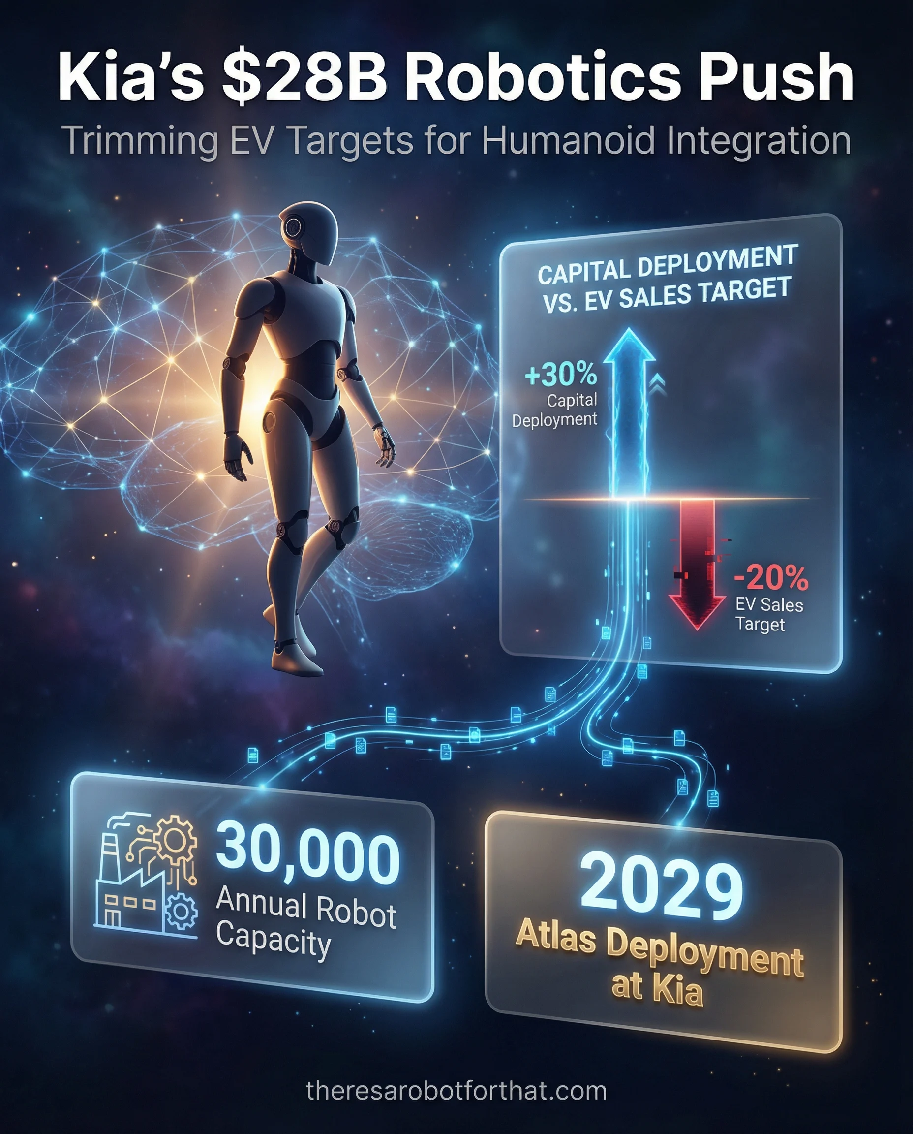 Diverging bar chart and timeline illustrating Kia's strategic pivot, highlighting a 30 percent increase in total investment to 28 billion dollars alongside a 20 percent cut in 2030 EV sales targets. The timeline maps key milestones, including the manufacturing of 30,000 robots annually by 2028 and the deployment of Atlas humanoids by 2029.