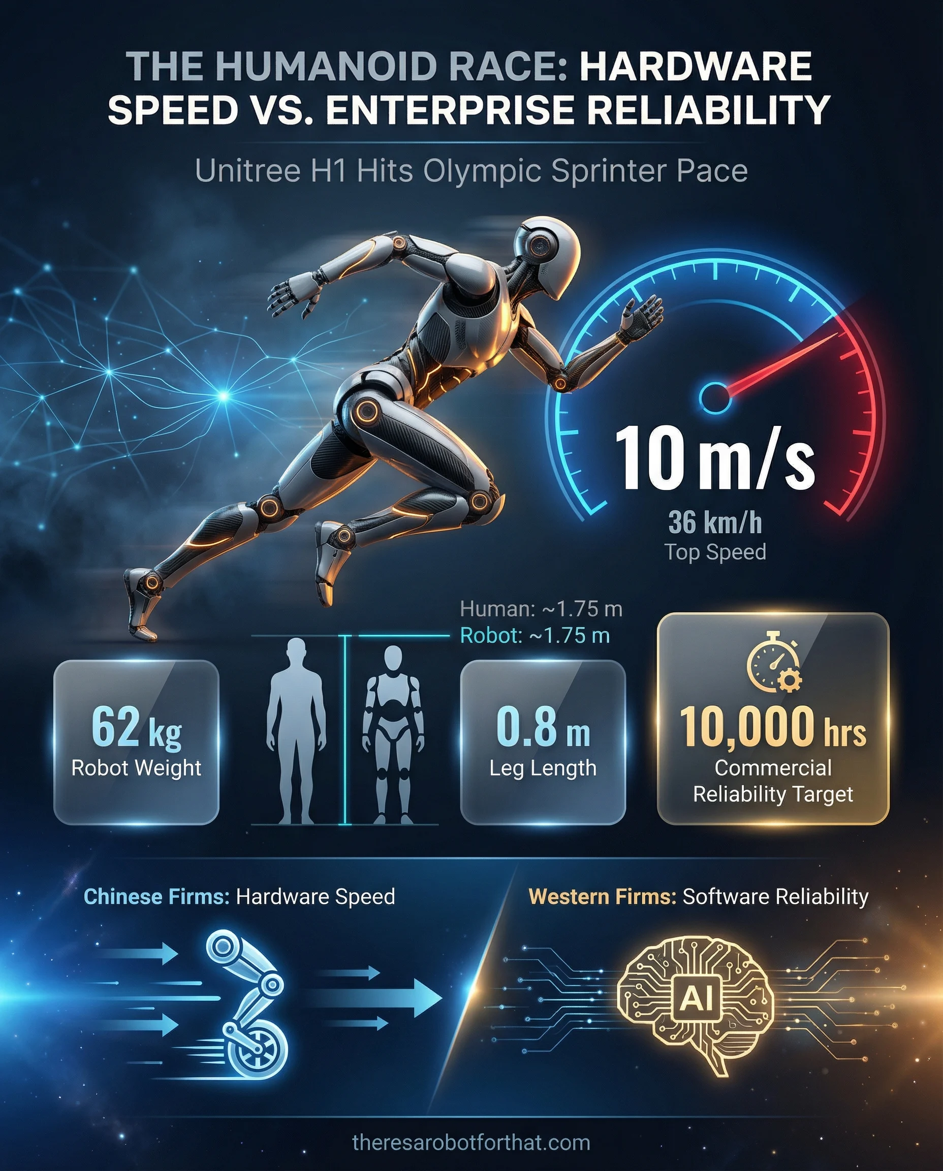 Comparison graphic highlighting the humanoid robotics race. The hero stat shows Unitree's H1 reaching 10 meters per second. Supporting stats list a 62kg weight and 0.8m leg length contrasted against a 10,000-hour warehouse reliability target.