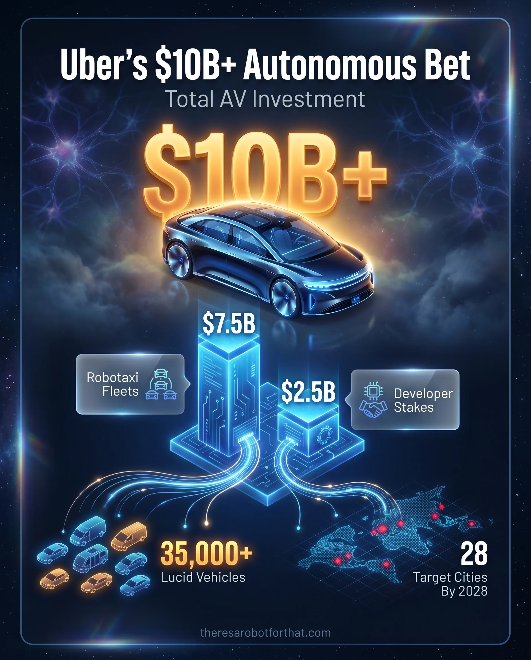 Data visualization breaking down Uber's $10 billion autonomous vehicle investment, highlighting $7.5 billion for fleet purchases and $2.5 billion for developer stakes, with targets to deploy 35,000 vehicles across 28 cities by 2028.