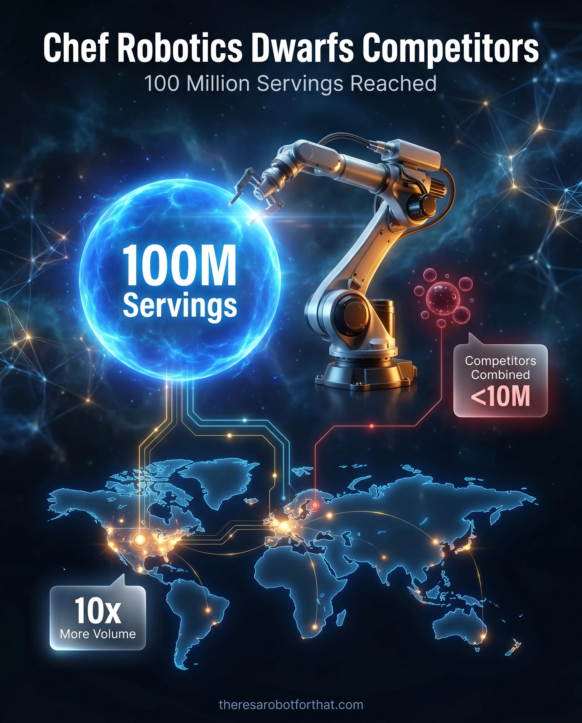 Bubble chart comparing food robotics output, showing Chef Robotics at 100 million servings, which visually dwarfs the combined output of all other food robotics companies by an order of magnitude.