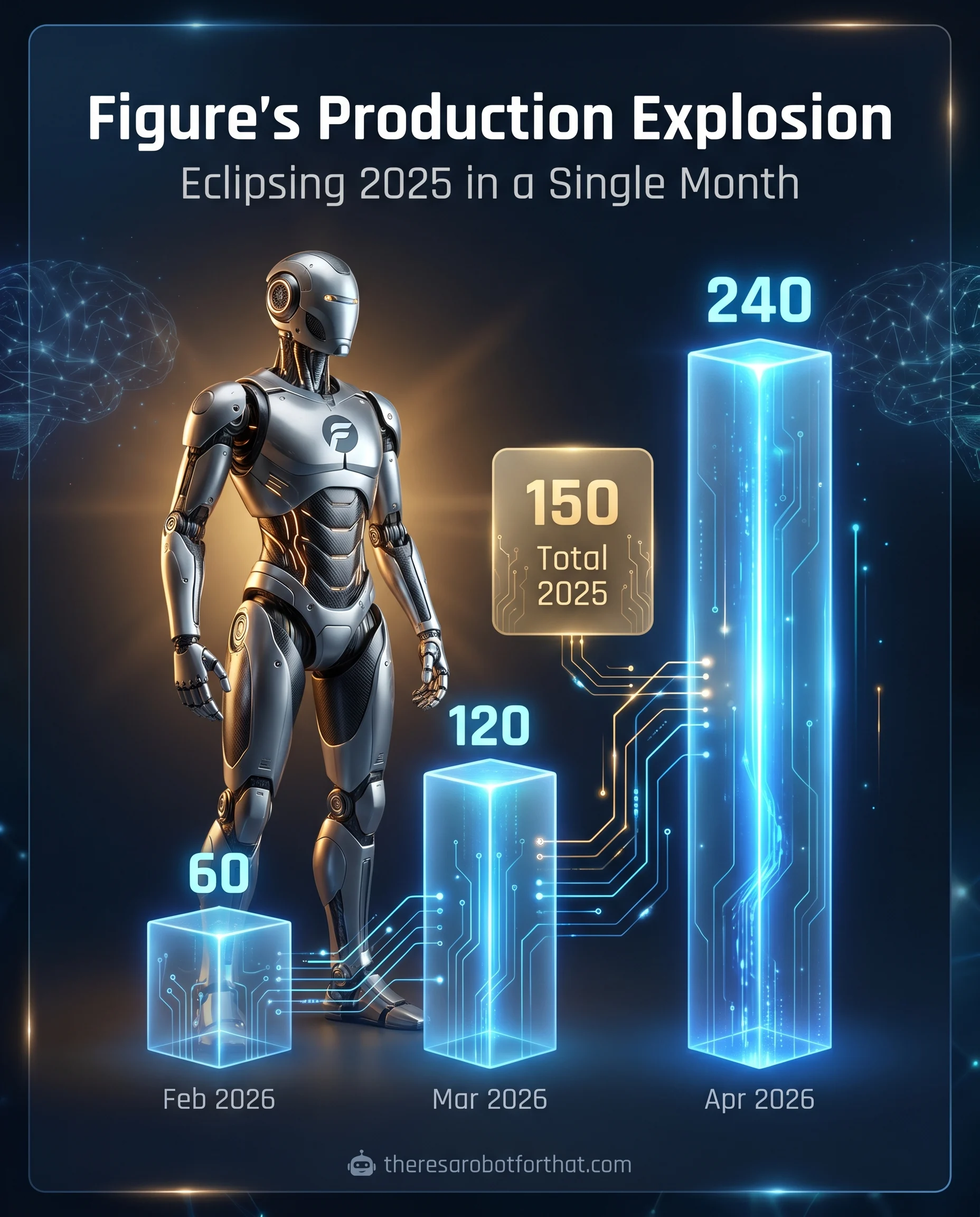 Bar chart comparing Figure's humanoid shipments, showing a single month's volume of 240 units in April 2026 dwarfing the entire 2025 total of 150 units, alongside a trend of monthly shipments doubling from 60 in February to 120 in March.