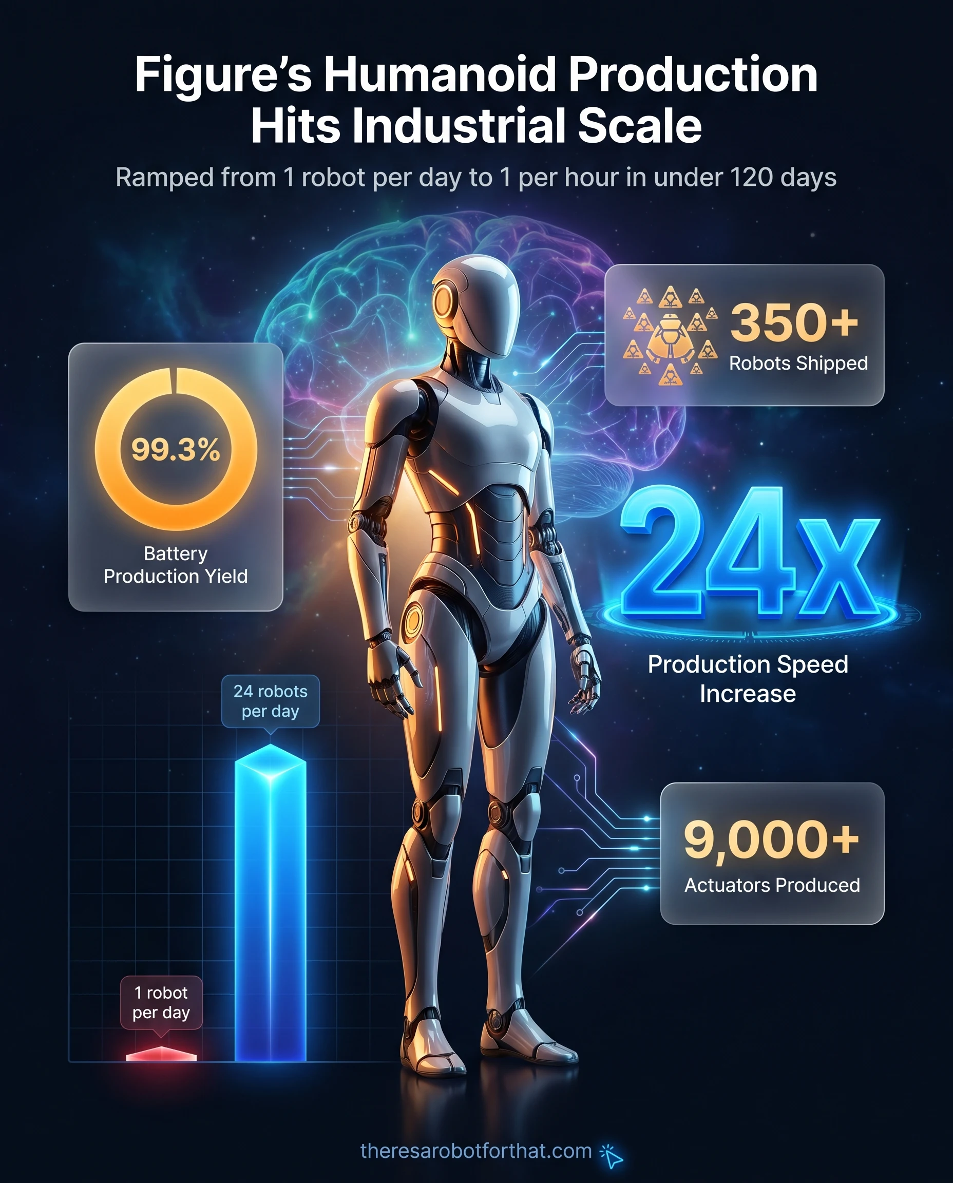 Statistical infographic showing Figure's humanoid production scaling, highlighting a 24x jump from 1 to 24 robots per day. Supporting metrics display over 350 units shipped, a 99.3 percent battery yield, and over 9,000 actuators produced.