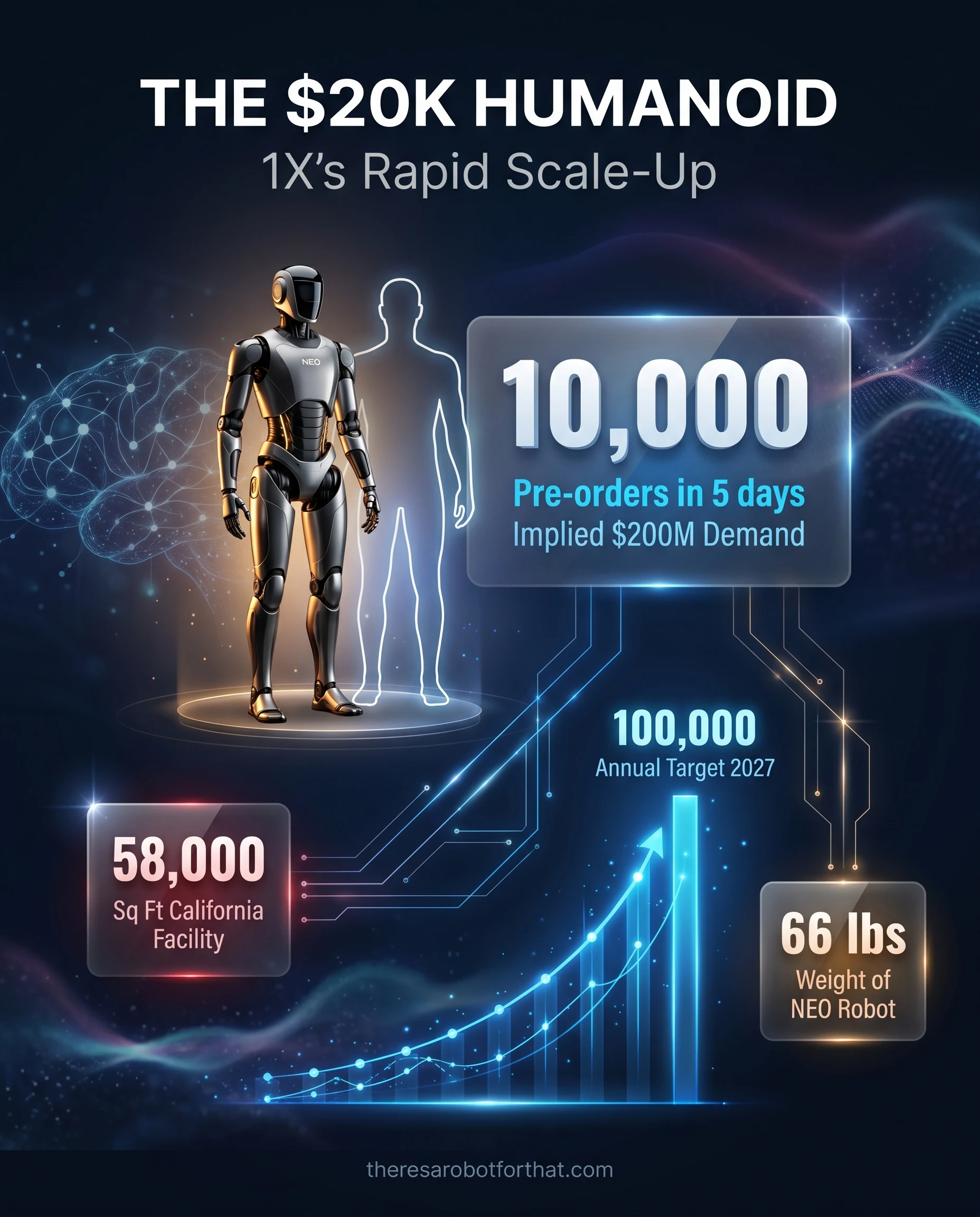 Statistical infographic detailing 1X Technologies' NEO robot launch, highlighting 10,000 pre-orders secured in five days at 20,000 dollars each. Supporting metrics include a 100,000 annual unit production target by 2027 and physical specs of 5 feet 6 inches and 66 pounds.