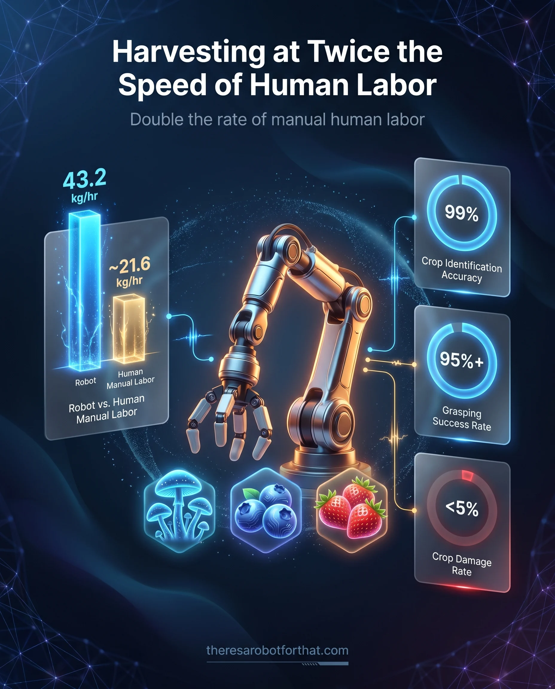 Statistical infographic showing the H1 agricultural robot's performance, featuring a bar chart highlighting its 43.2 kg per hour harvesting speed which doubles manual labor, alongside donut charts displaying 99 percent identification accuracy, 95 percent grasping success, and under 5 percent damage rate.