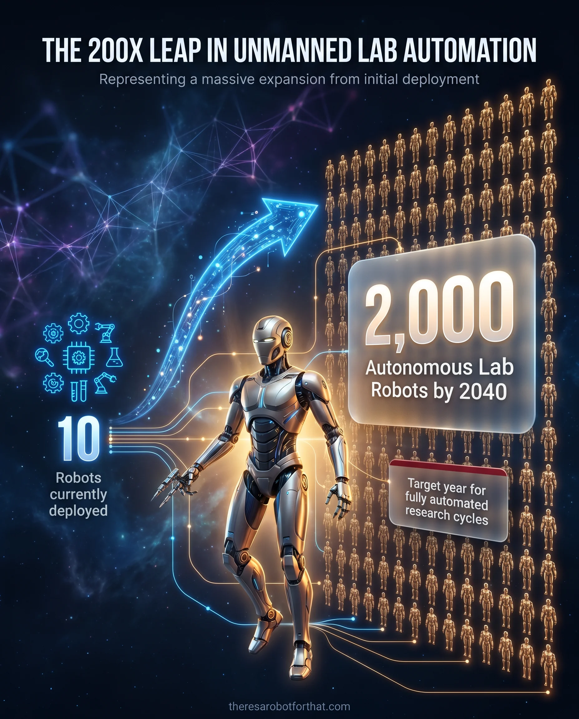 Scale comparison chart showing Tokyo University's lab automation expansion, contrasting the current 10 humanoid robots against a massive grid of 2,000 robots planned for 2040, highlighting a 200-fold increase.