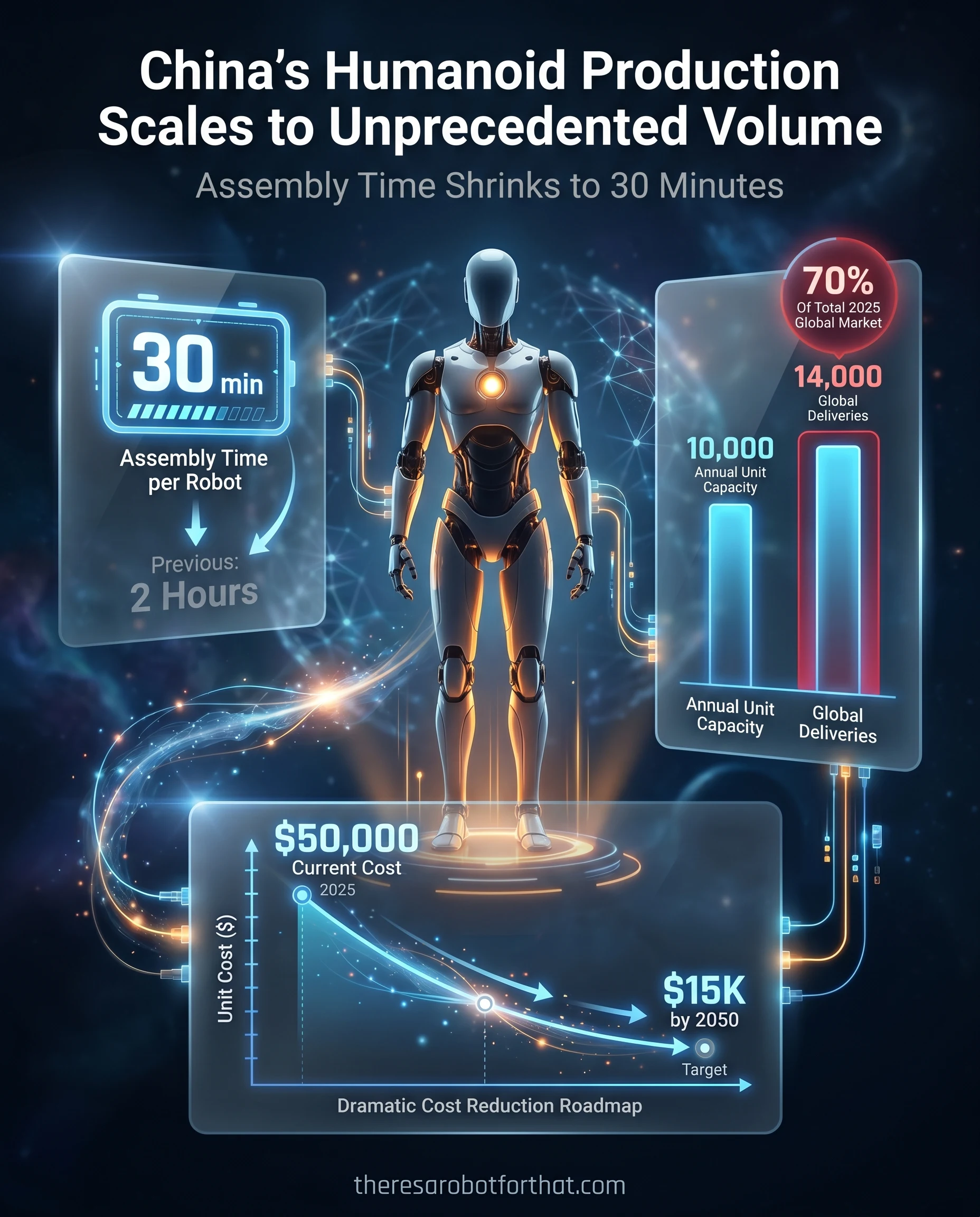 Comparison graphics showing a Chinese factory's 10,000 unit annual humanoid production capacity against 14,000 total global shipments in 2025, alongside a timeline showing assembly time reduced from 2 hours to 30 minutes.
