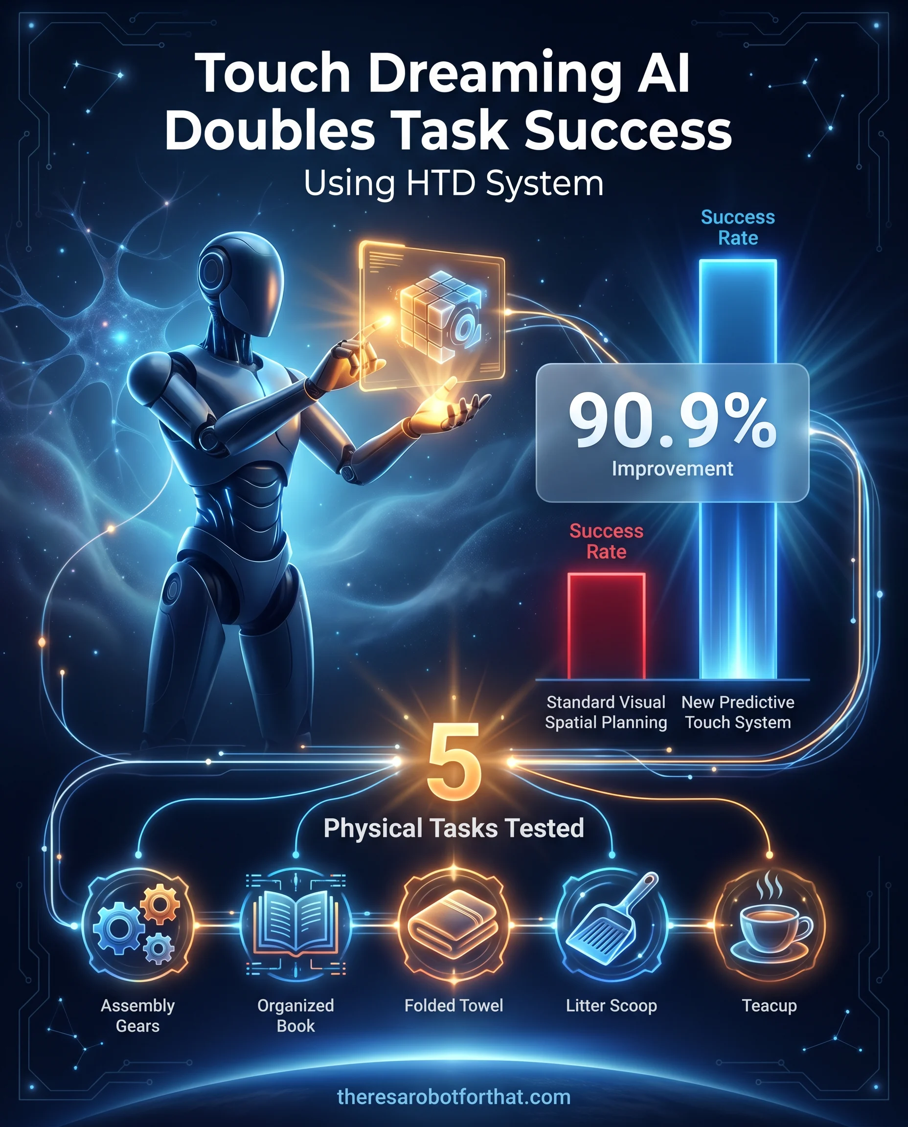 Statistical graphic highlighting a 90.9 percent improvement in humanoid task success rates using Bosch and Carnegie Mellon's Touch Dreaming AI, featuring icons for five real-world tests including assembly and towel folding.