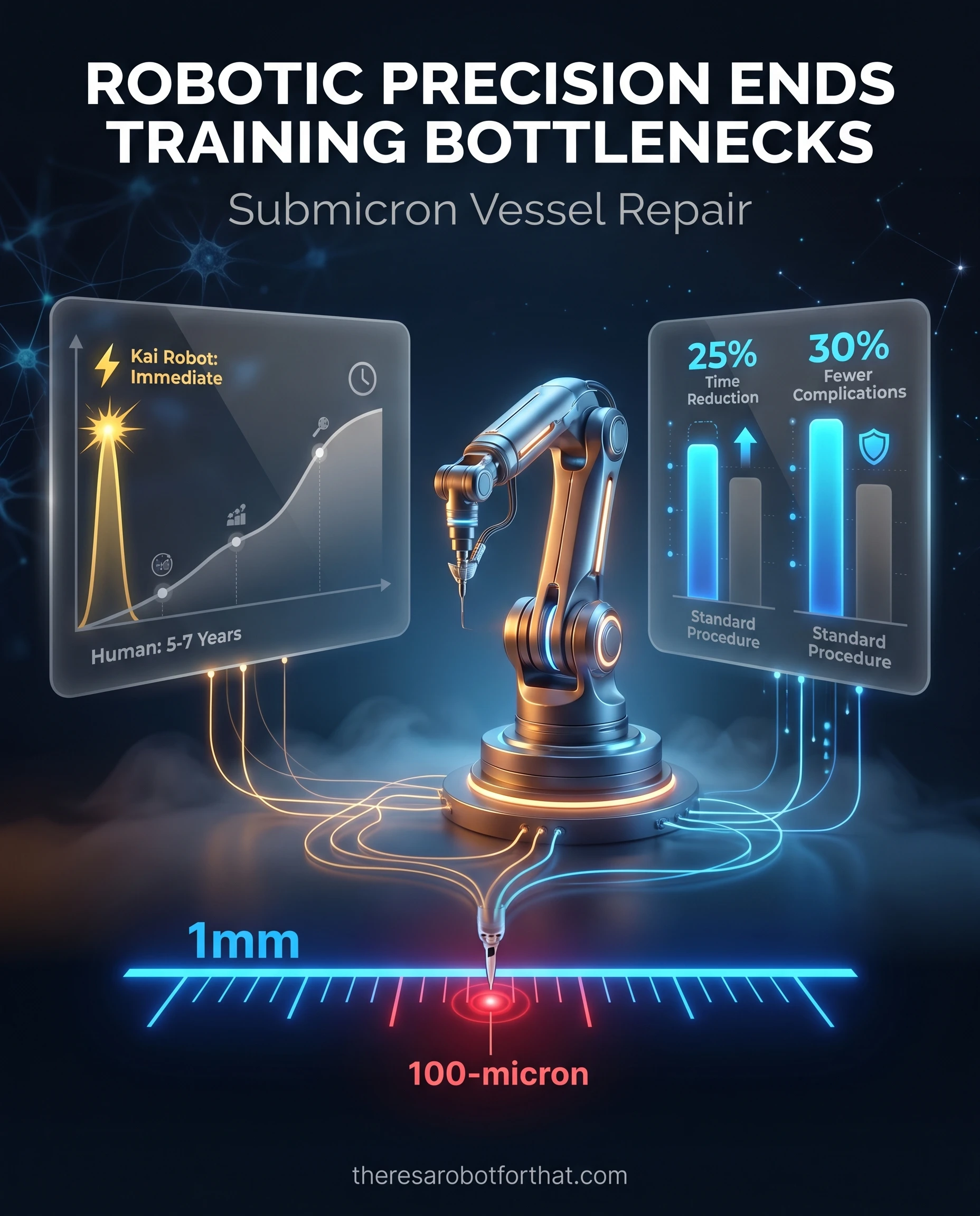 Comparison infographic demonstrating surgical robot benefits, highlighting 100-micron precision capabilities, a 25 percent reduction in operative time, and a 30 percent decrease in complications compared to the 5 to 7 years required for human mastery.
