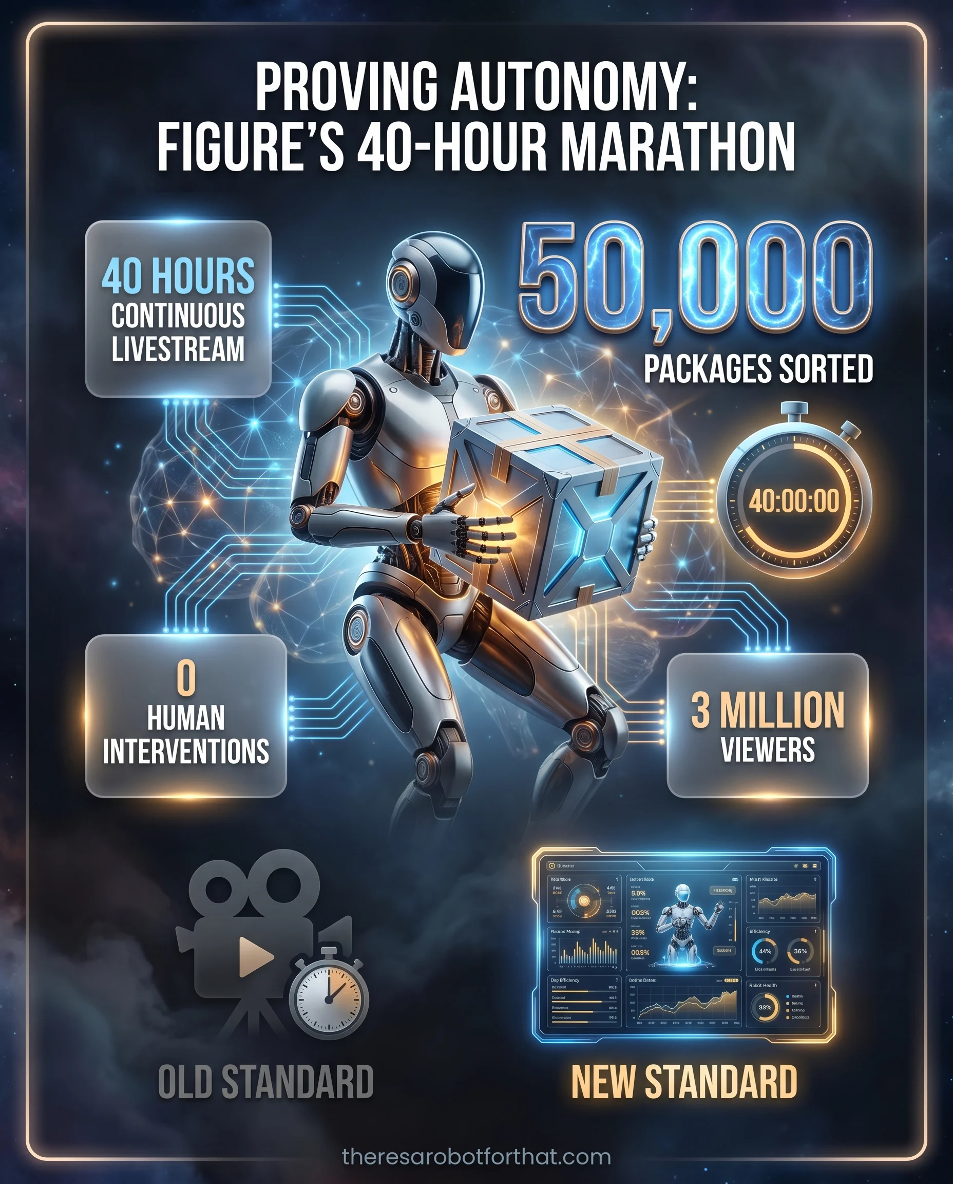 Statistical infographic highlighting Figure AI's marathon livestream, showing 50,000 packages sorted over 40 hours with zero human interventions and 3 million viewers.