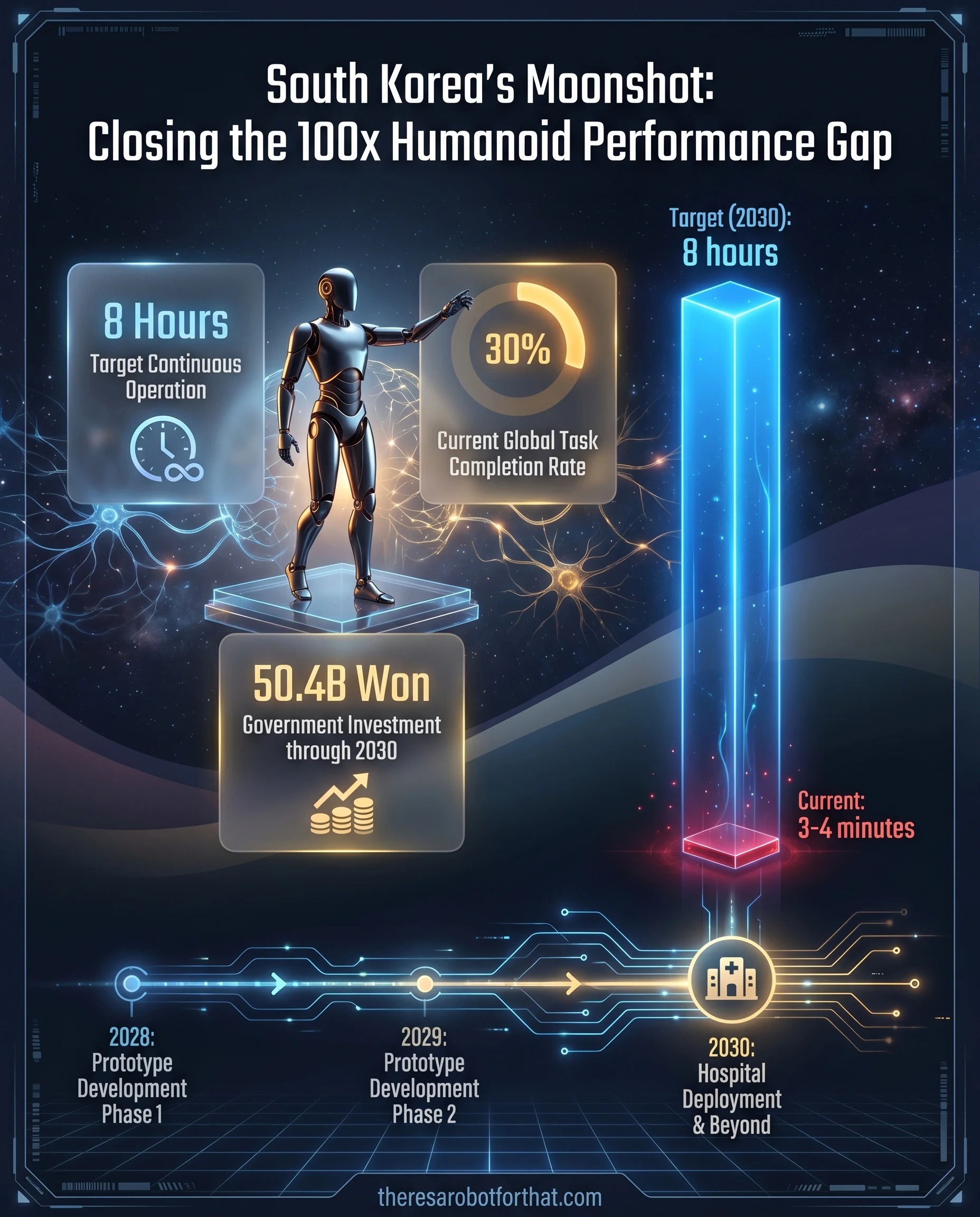 Bar chart comparing current humanoid continuous operation time of 4 minutes against South Korea's 2030 target of 8 hours, alongside a donut chart showing current task completion rates at 30 percent.