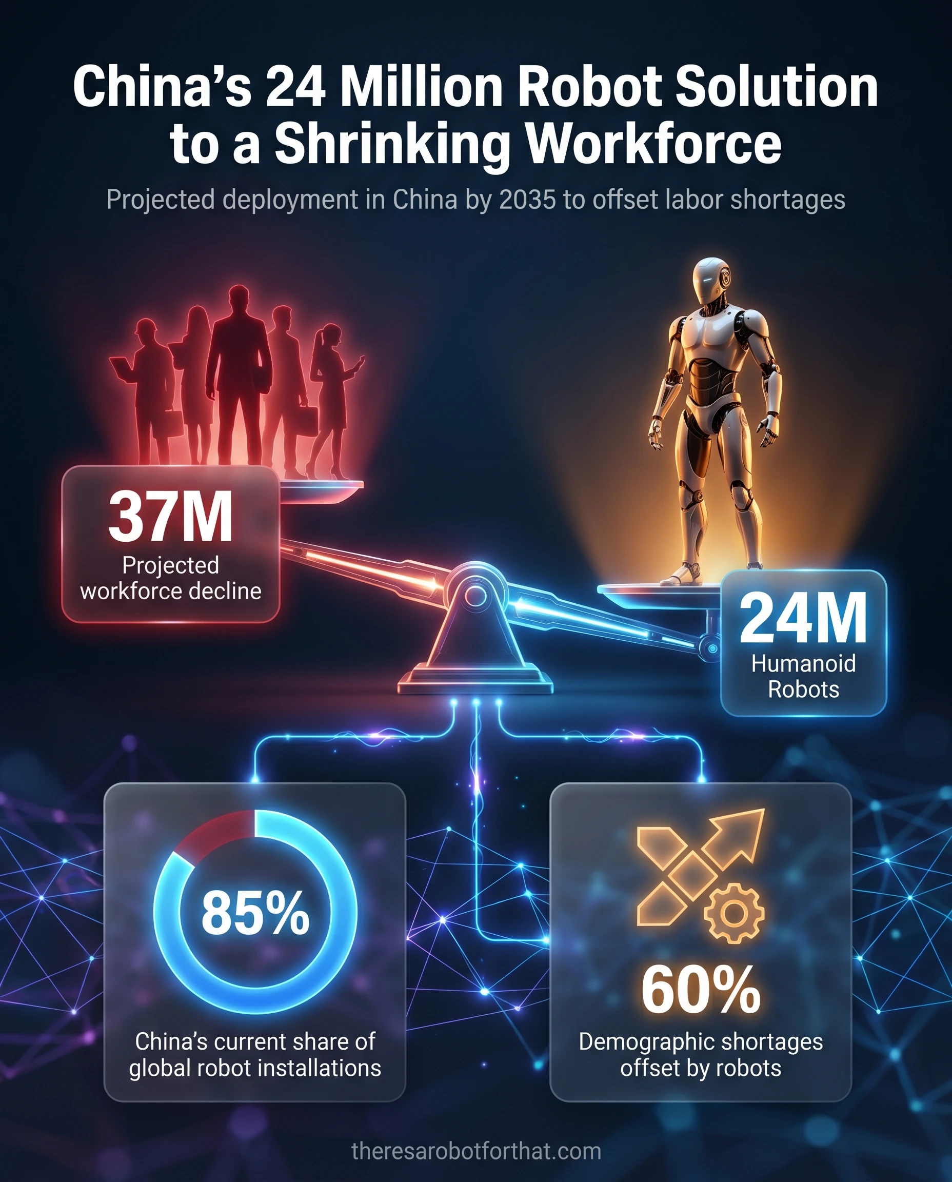 Comparison bar chart showing China's projected 37 million human workforce decline next to a 24 million humanoid robot deployment by 2035, offsetting 60 percent of the labor shortage.