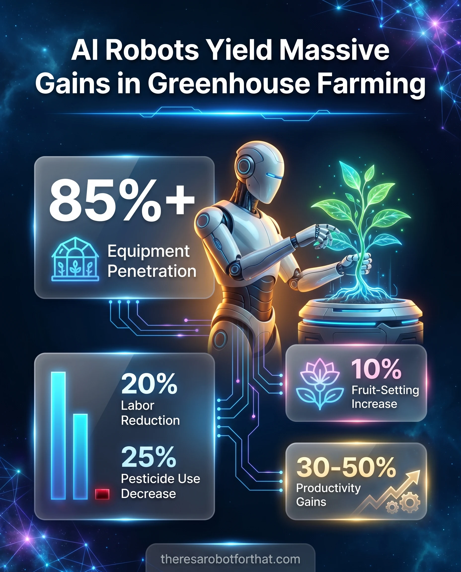 Statistical infographic highlighting an 85% penetration rate of AI robots in new Chinese greenhouses, featuring bar charts that show a 20% reduction in labor, a 25% decrease in pesticide use, and a 10% increase in fruit-setting rates compared to traditional methods.