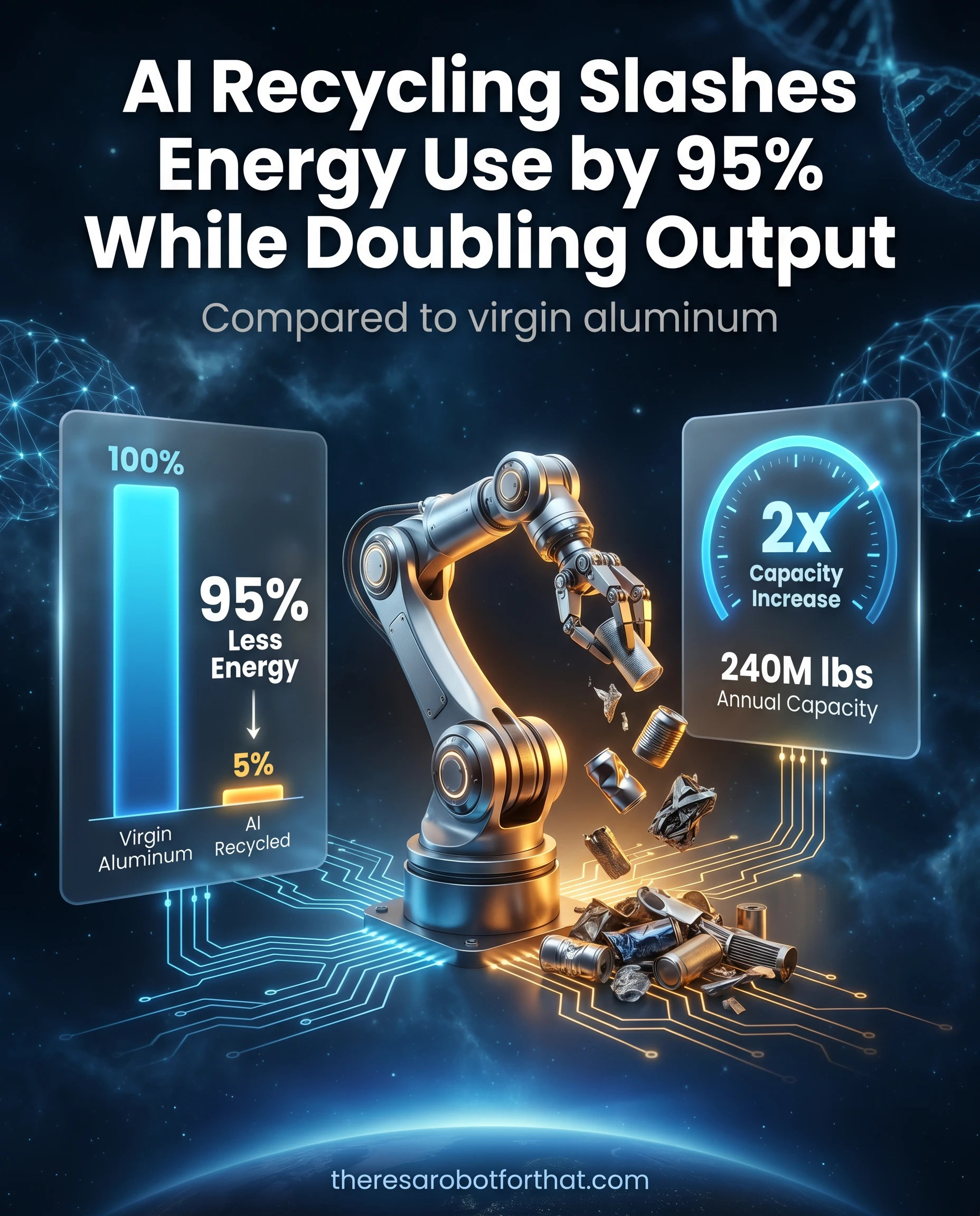 Bar chart comparing energy consumption, showing AI-sorted recycled aluminum uses 95 percent less energy than virgin aluminum production, alongside a capacity metric of 240 million pounds.