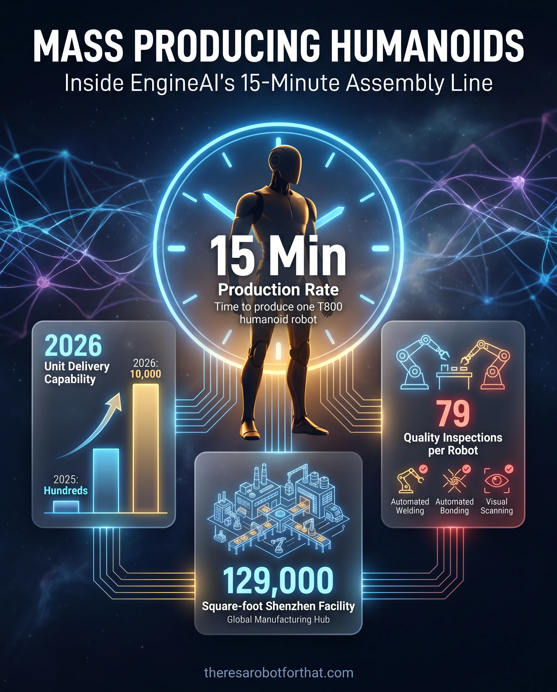 Statistical infographic highlighting EngineAI's manufacturing capabilities, featuring a 15-minute production rate per robot and a dramatic capacity increase to 10,000 units in 2026.