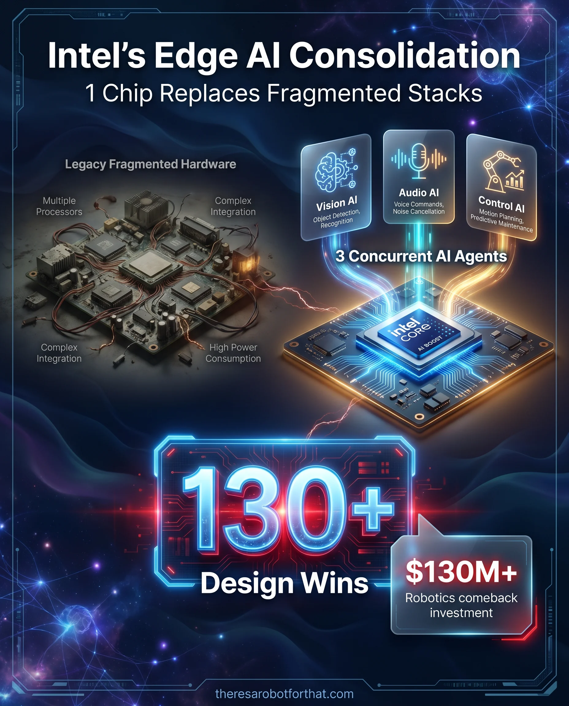 Comparison diagram illustrating the hardware shift from multiple discrete CPUs and accelerators to a single Intel Series 3 chip, highlighting 130-plus design wins and the ability to run 3 concurrent AI agents.