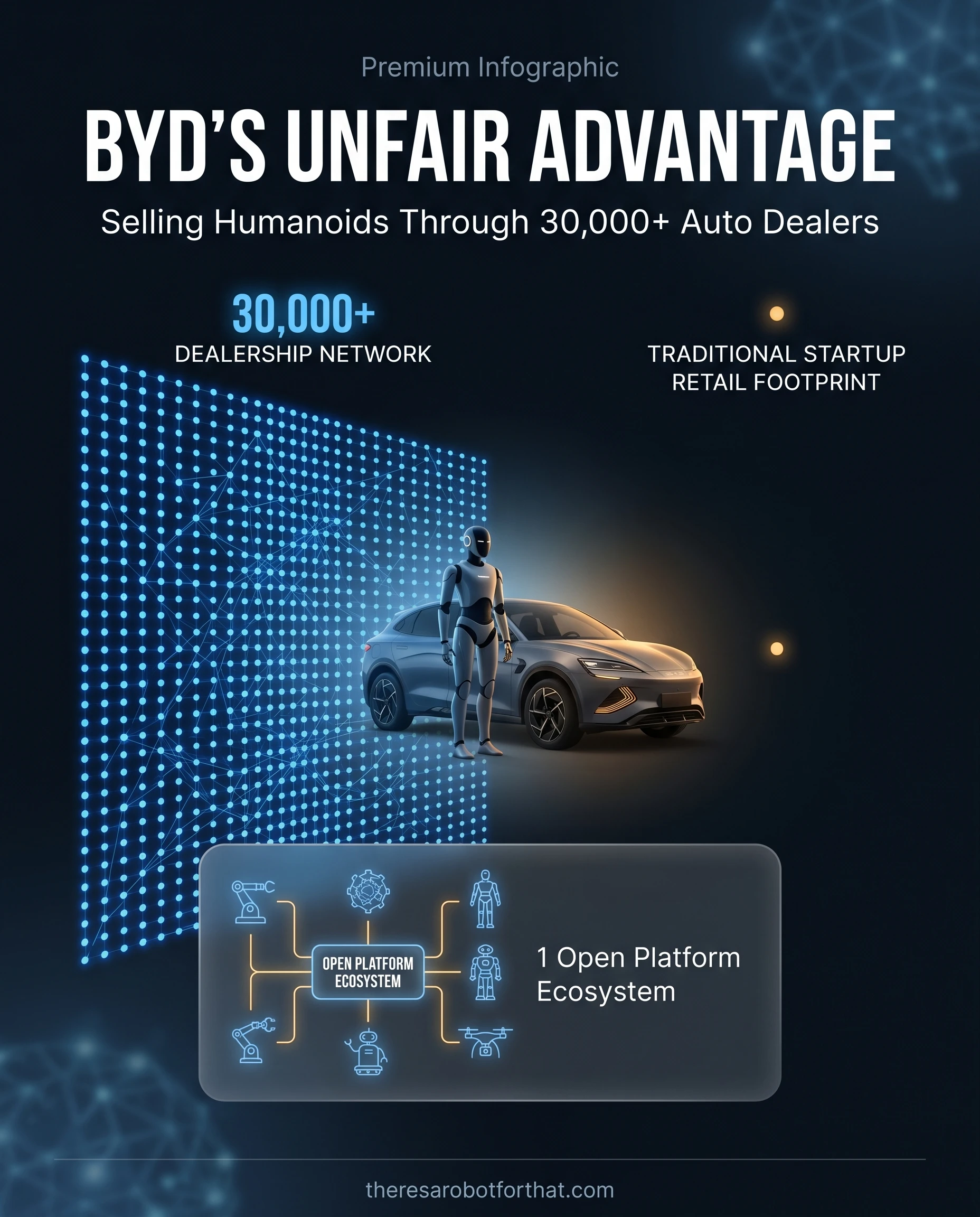 Comparison chart illustrating BYD's distribution advantage, highlighting a massive network of over 30,000 dealerships ready to sell consumer robots compared to the zero retail footprint of typical tech competitors.