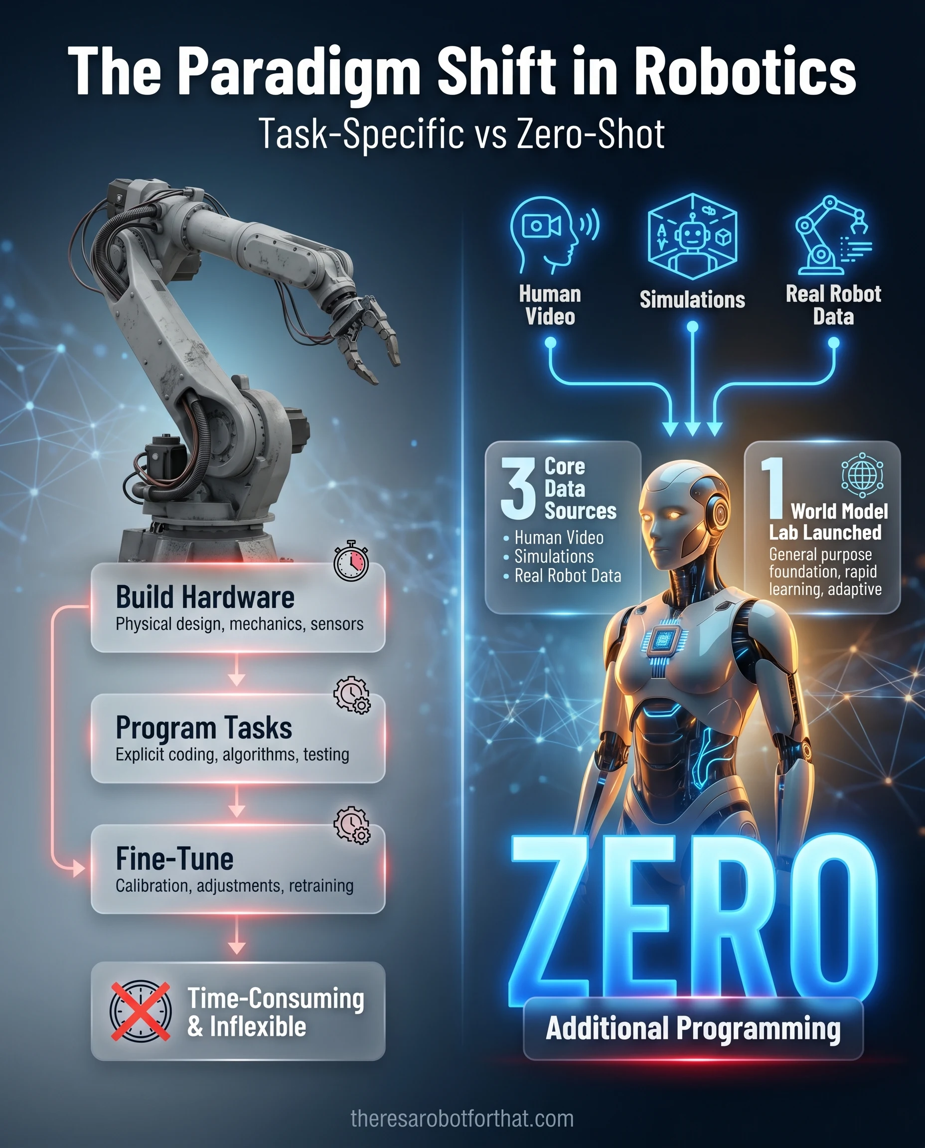 Comparison infographic contrasting traditional robotics, which requires years of task-specific programming, with 1X's new foundation model approach that achieves zero-shot execution, allowing robots to handle unfamiliar tasks without retraining.