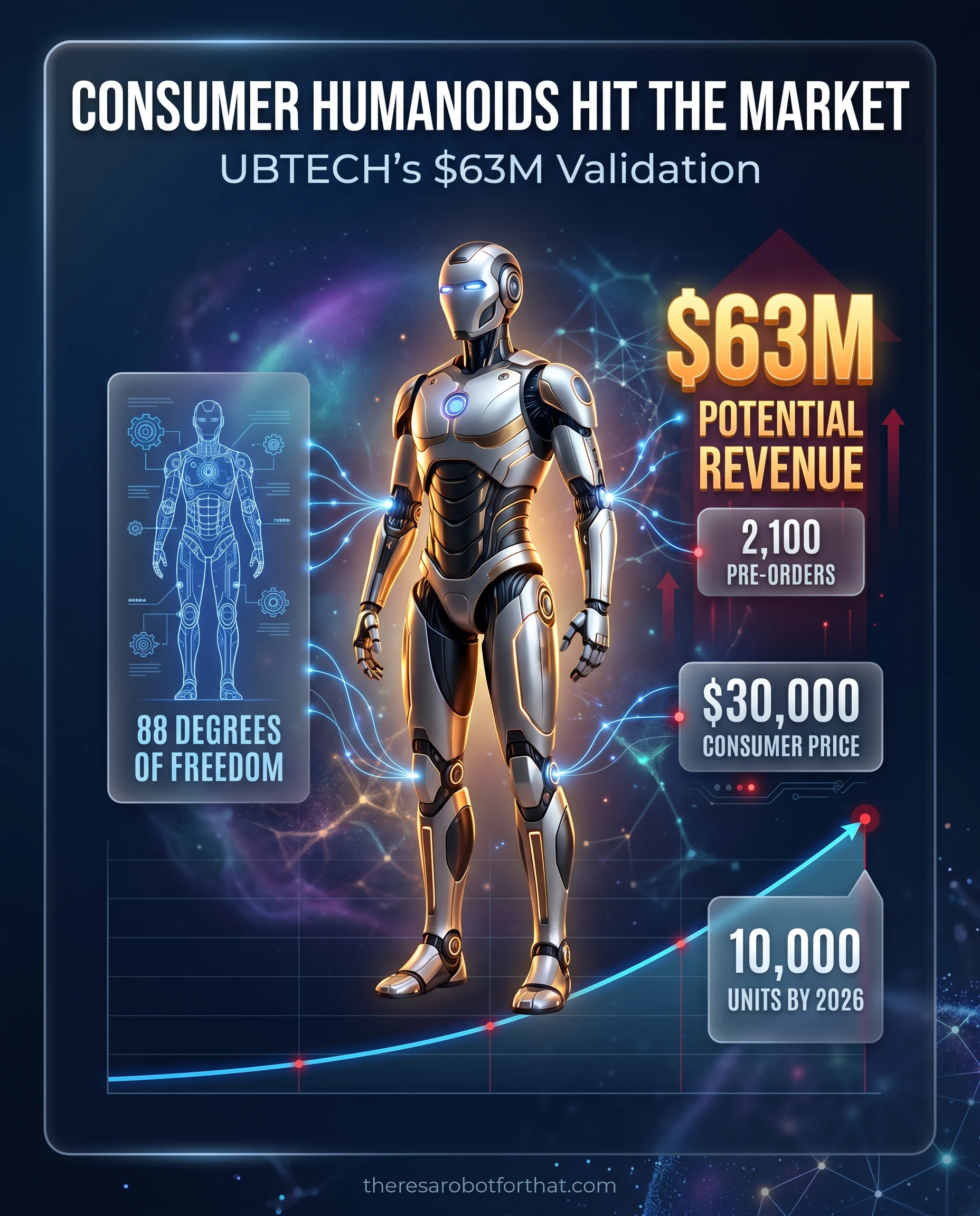 Statistical infographic detailing UBTECH's consumer humanoid launch, highlighting $63 million in potential revenue from 2,100 pre-orders at $30,000 per unit, alongside a production target of 10,000 units by 2026.