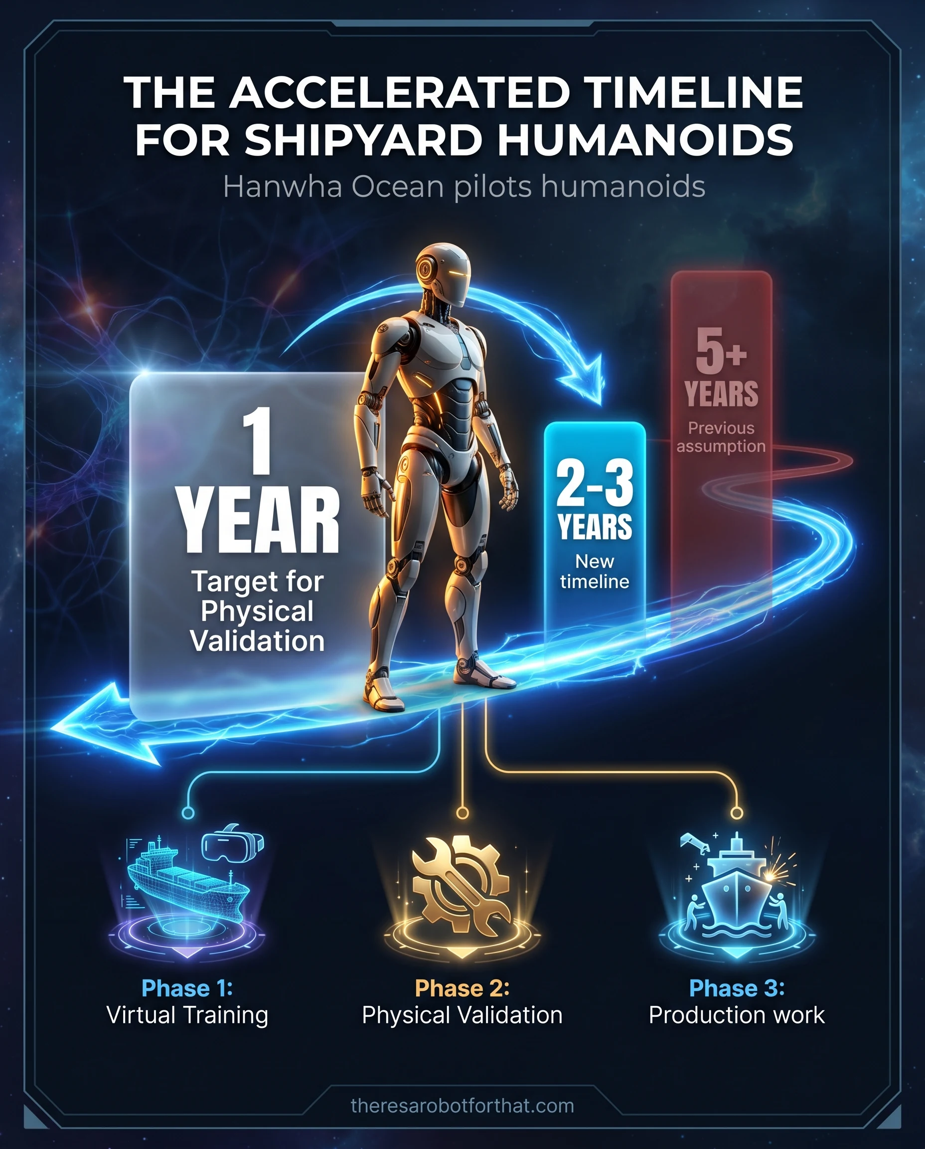 Timeline infographic showing Hanwha Ocean's 1-year target to validate humanoid robots for shipyard work. It highlights a shift in industry expectations, projecting broader deployment in 2 to 3 years rather than 5 or more years, and details the process from virtual Nvidia Omniverse training to physical validation.