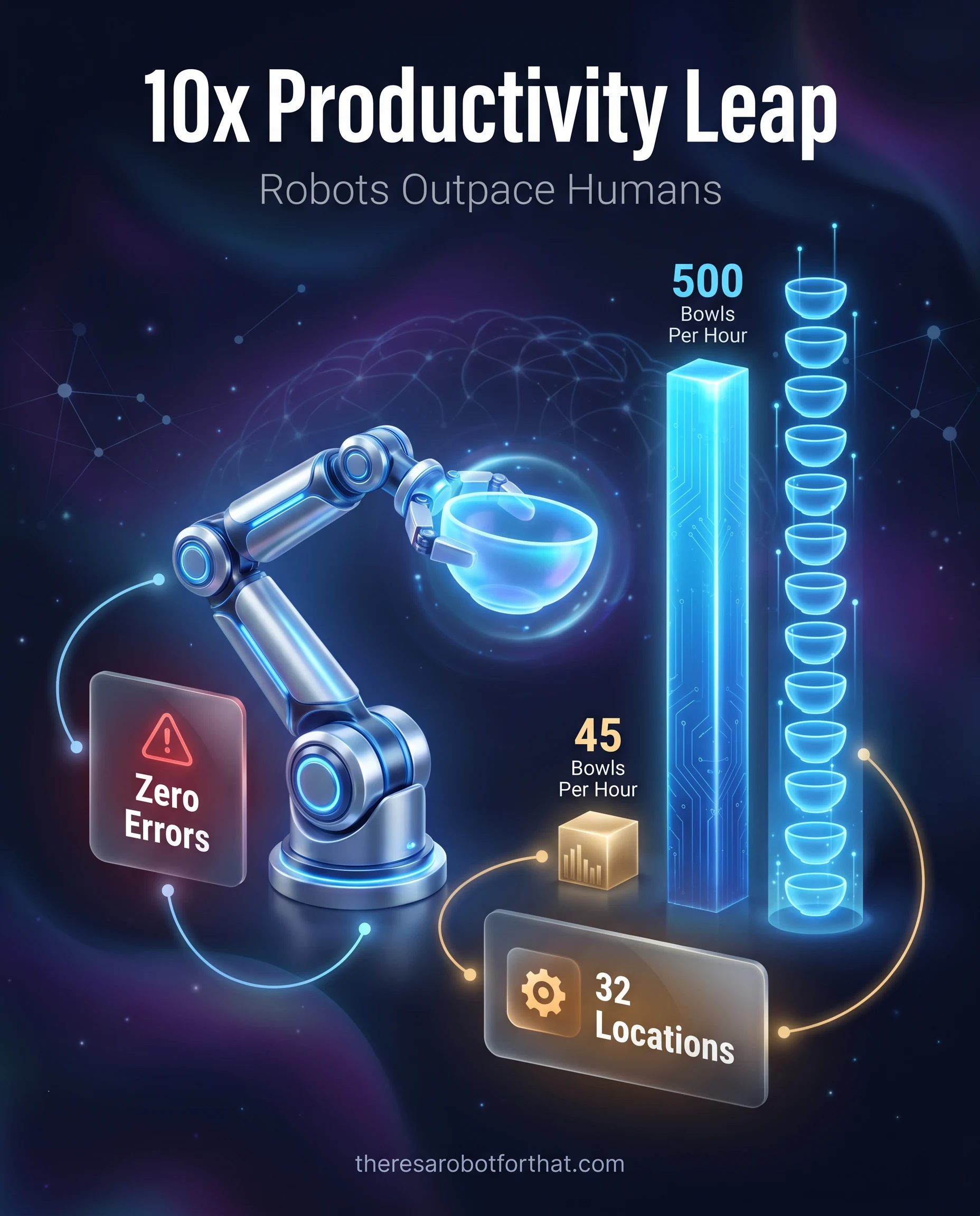 Bar chart comparing food preparation speeds, illustrating automated robots producing 500 bowls per hour with zero errors compared to human workers who produce 30 to 45 bowls per hour.