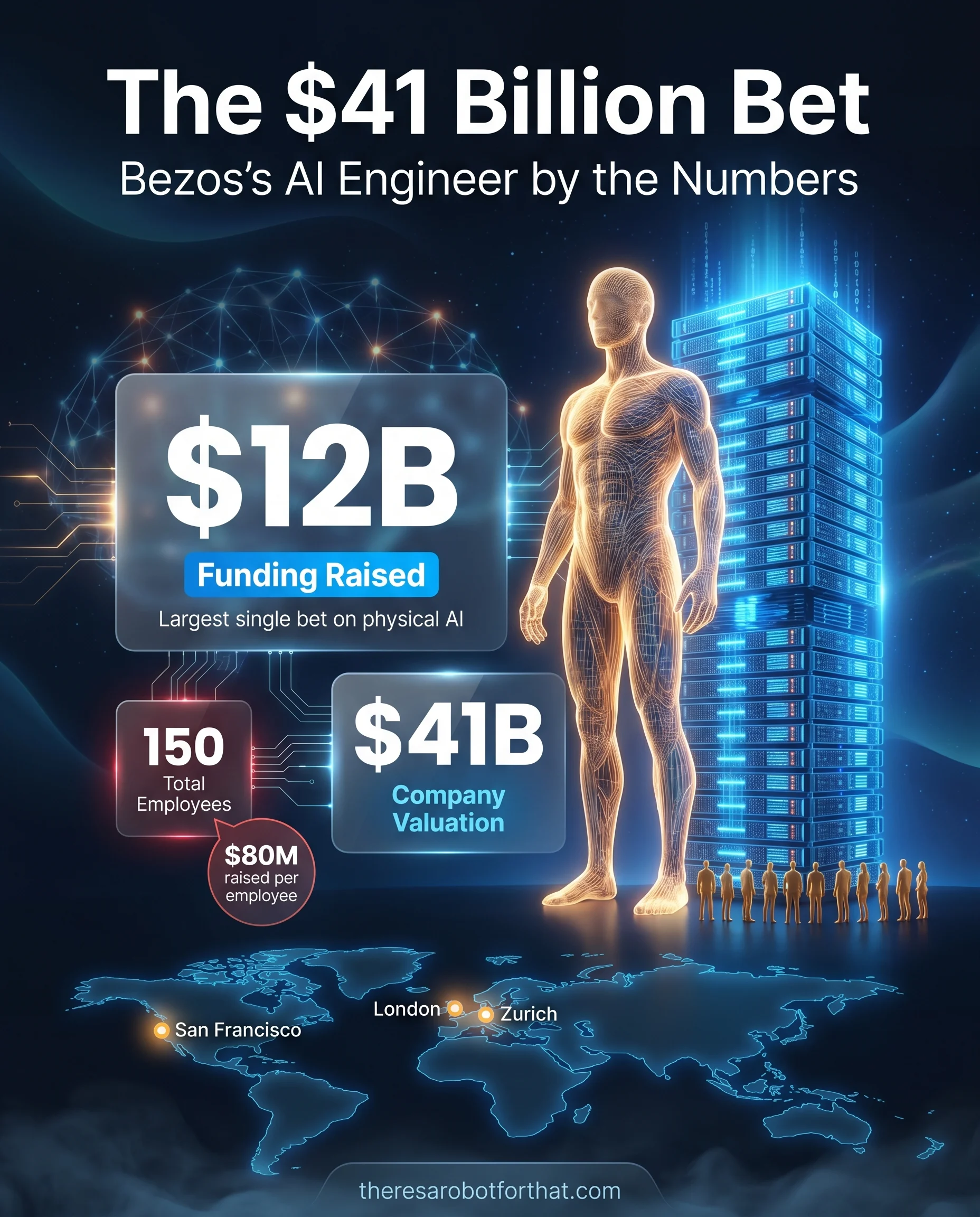 Statistical infographic detailing Prometheus's historic funding round, highlighting a 12 billion dollar raise, 41 billion dollar valuation, and a lean workforce of just 150 employees.