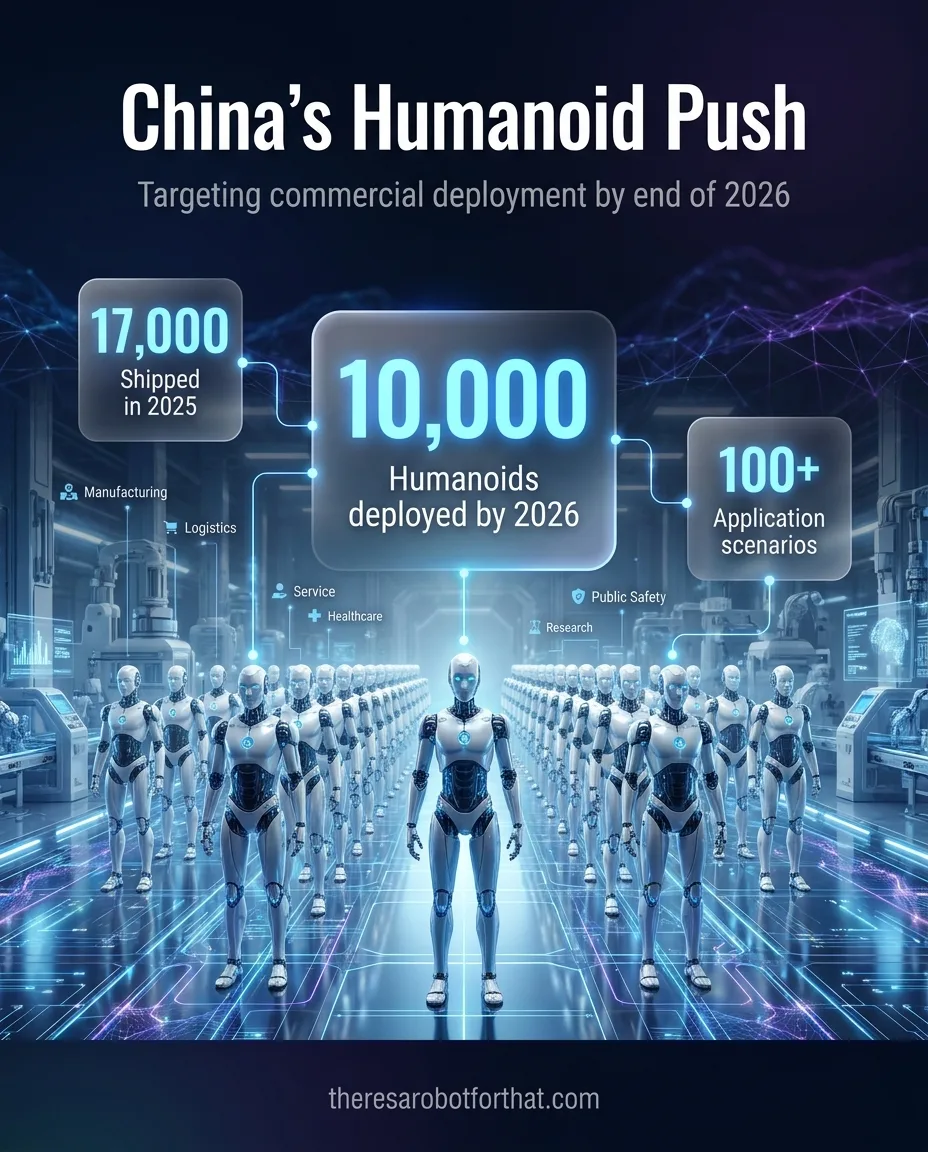 Infographic: China targets 10,000 humanoid robots in commercial use by the end of 2026, after shipping about 17,000 units in 2025, spanning more than 100 application scenarios.