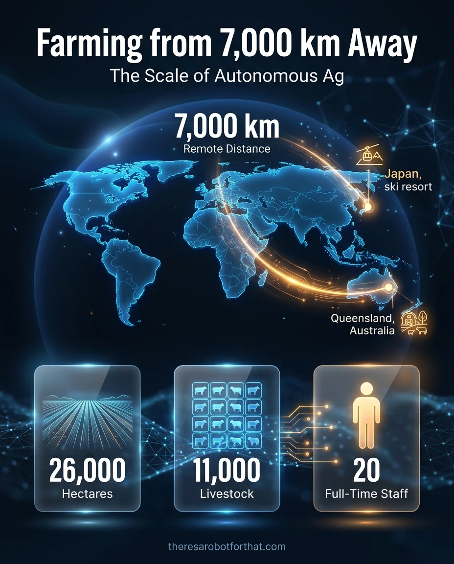 Infographic highlighting the scale of an autonomous Australian farm, contrasting a 7,000 kilometer remote management distance with 26,000 hectares of land and 11,000 livestock, all managed by just 20 full-time staff.