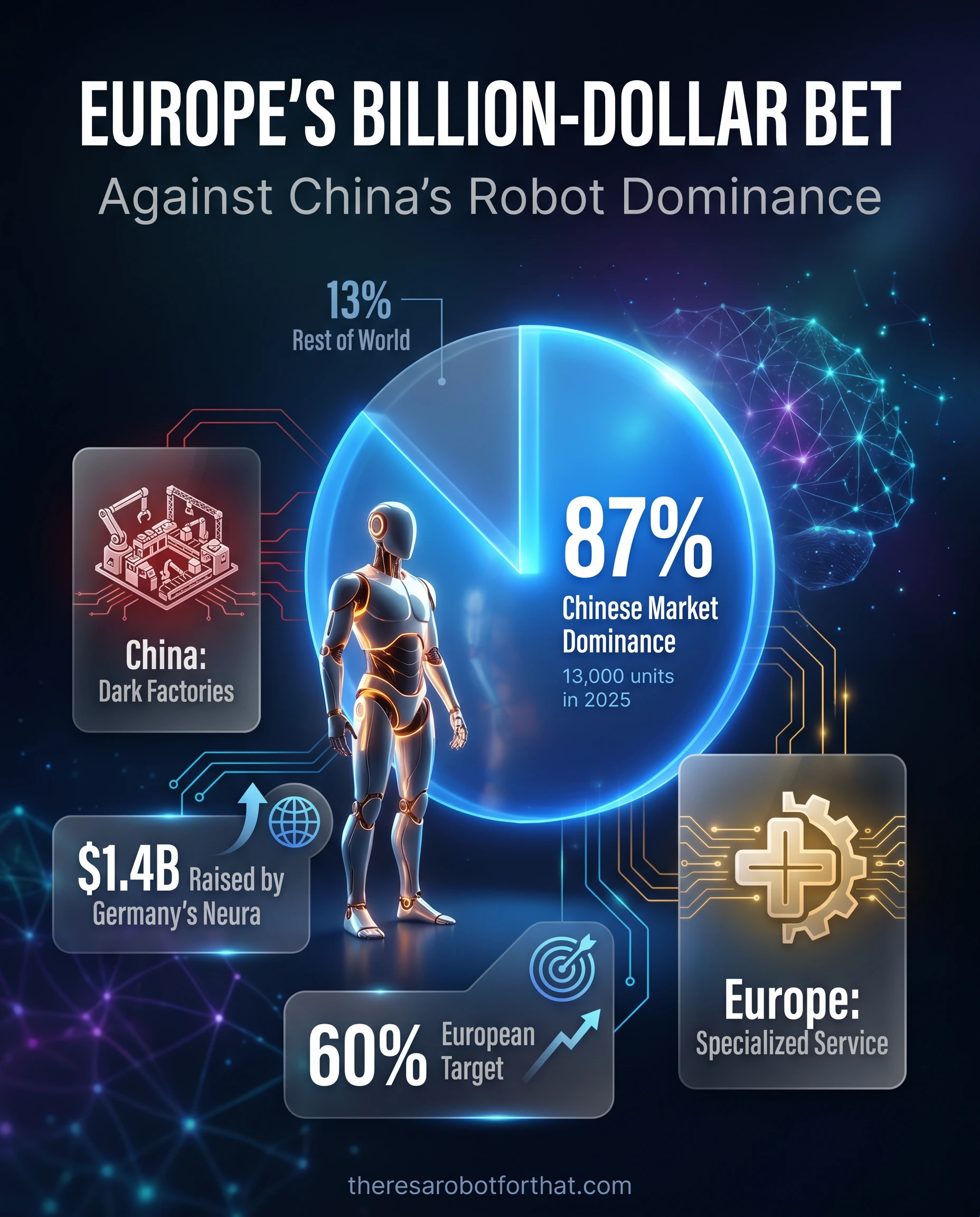 Comparison infographic showing China's 87 percent dominance in global humanoid robot production with 13,000 units deployed, alongside Germany's Neura raising 1.4 billion dollars to compete in specialized service sectors.