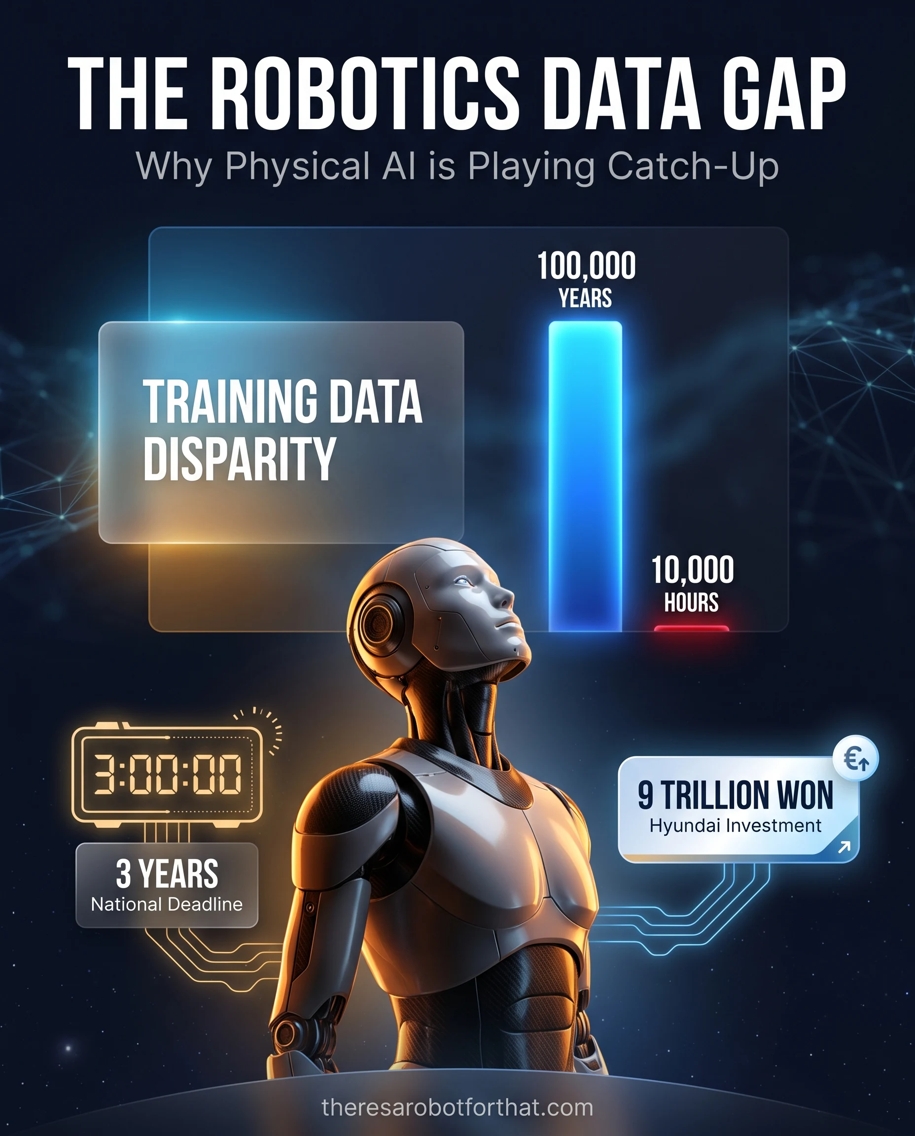 Bar chart comparing AI training data availability, highlighting a massive gap where generative AI has 100,000 years of data while physical AI has only 10,000 hours, accompanied by text detailing South Korea's 3-year deadline and Hyundai's 9 trillion won investment.