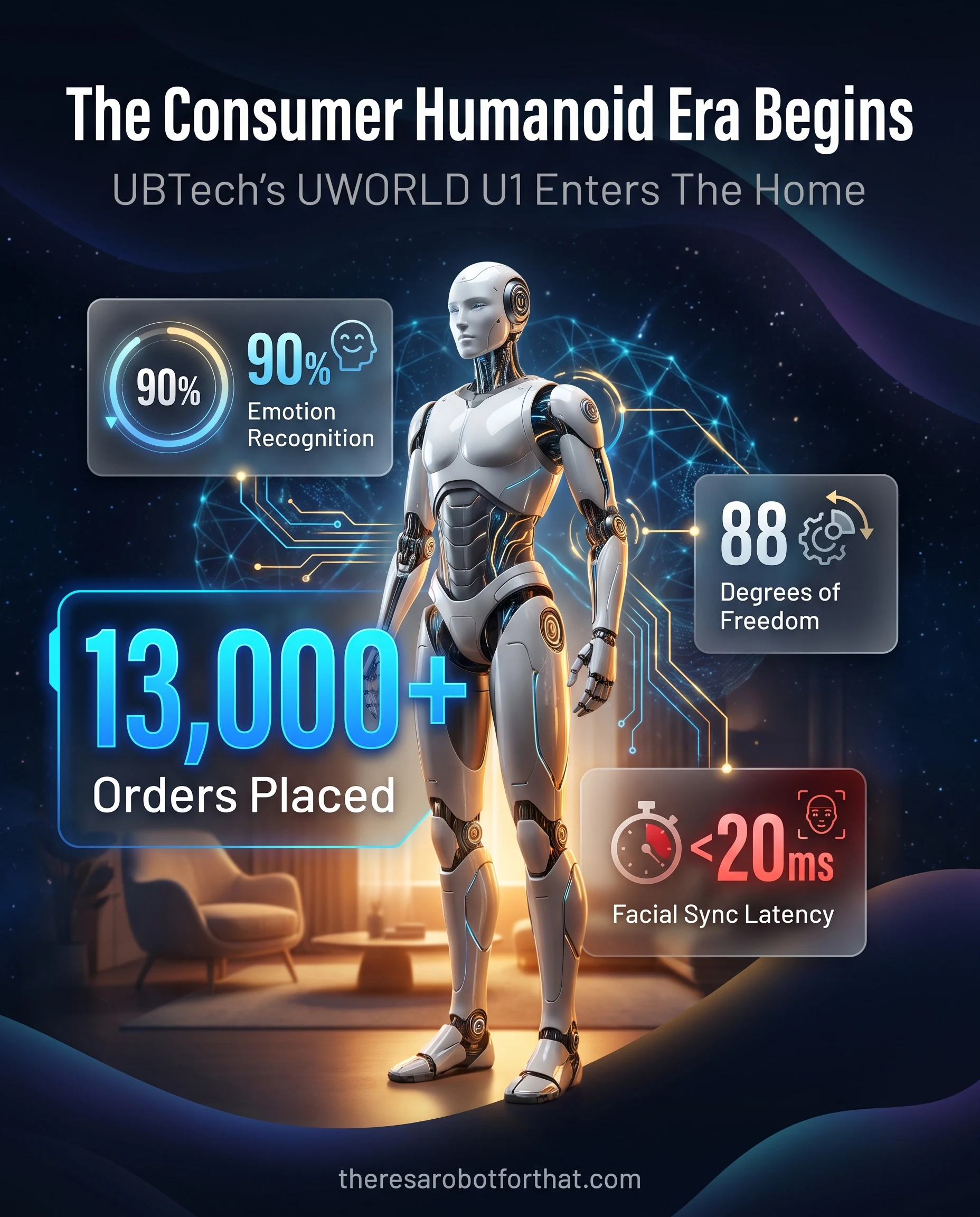 Statistical infographic detailing UBTech's UWORLD U1 consumer humanoid robot, highlighting over 13,000 home orders, 88 degrees of freedom, and 90 percent emotion recognition accuracy.