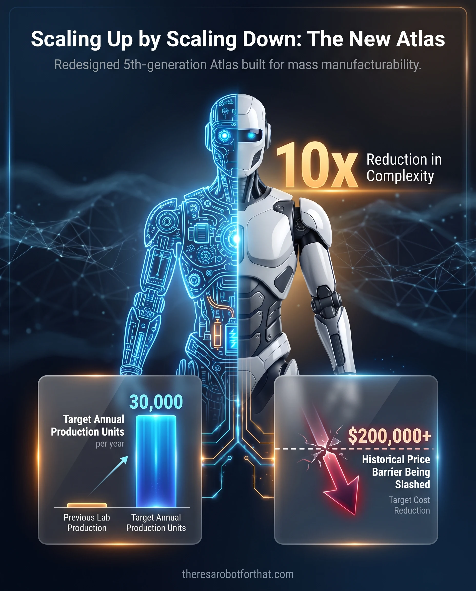 Comparison infographic showing Boston Dynamics' new Atlas robot achieving a 10x reduction in complexity, targeting an annual production of 30,000 units to slash the historical 200,000 dollar price barrier.