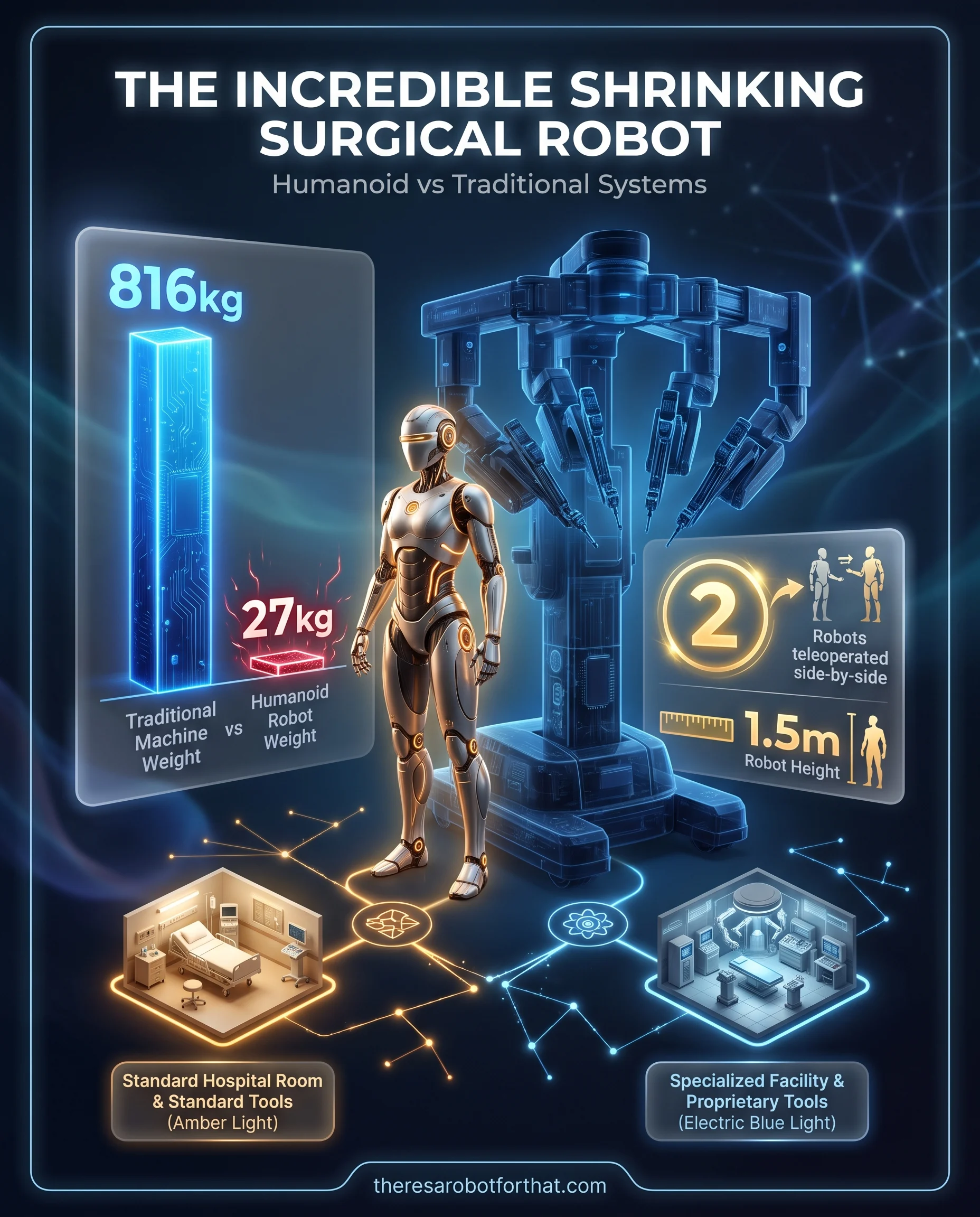 Comparison graphic contrasting a new 27-kilogram humanoid surgical robot with an 816-kilogram traditional surgical system, highlighting the dramatic reduction in weight and the ability to use standard operating rooms.