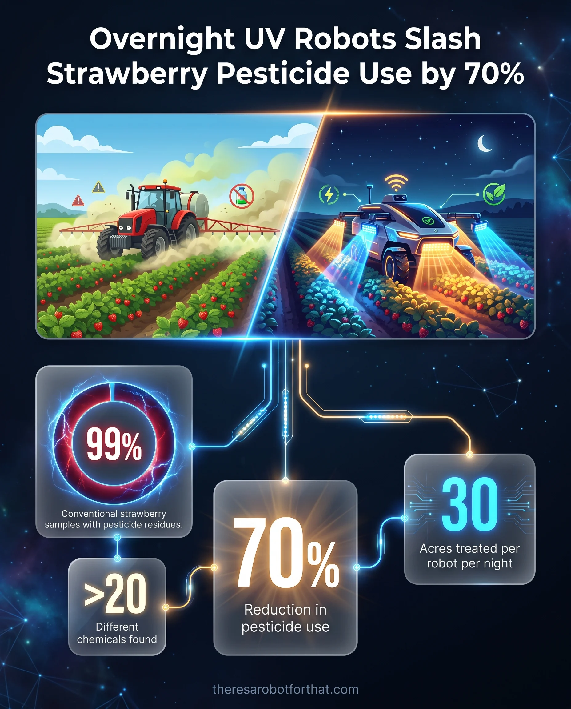 A comparison infographic detailing how TRIC Robotics' nighttime UV-C robots reduce strawberry pesticide use by 70 percent, contrasting this with USDA data showing 99 percent of conventional strawberries contain pesticide residues.