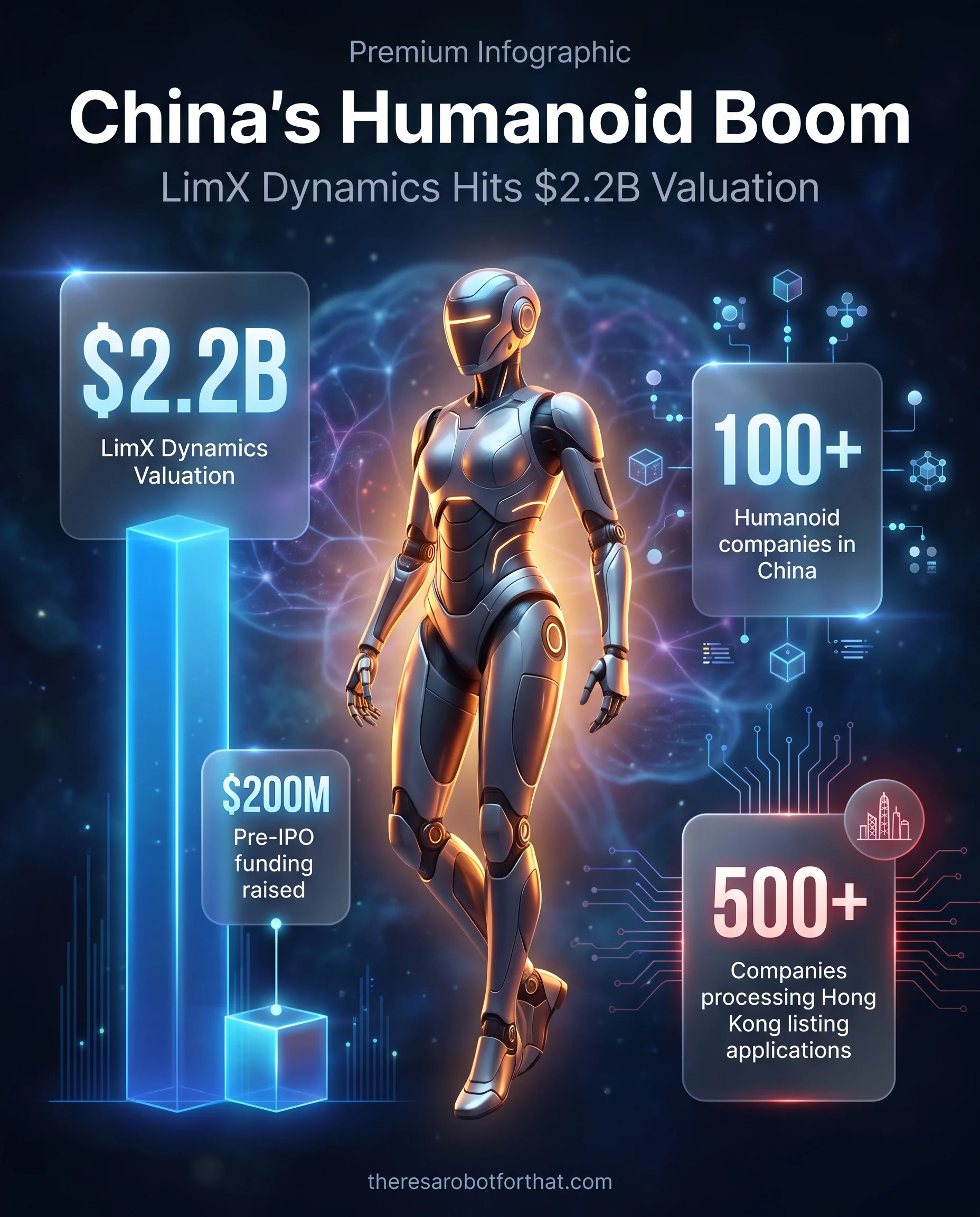 Statistical infographic highlighting China's humanoid robotics boom, featuring LimX Dynamics' $2.2 billion valuation and $200 million pre-IPO funding, alongside industry metrics of over 100 Chinese humanoid companies and more than 500 companies processing Hong Kong listing applications.