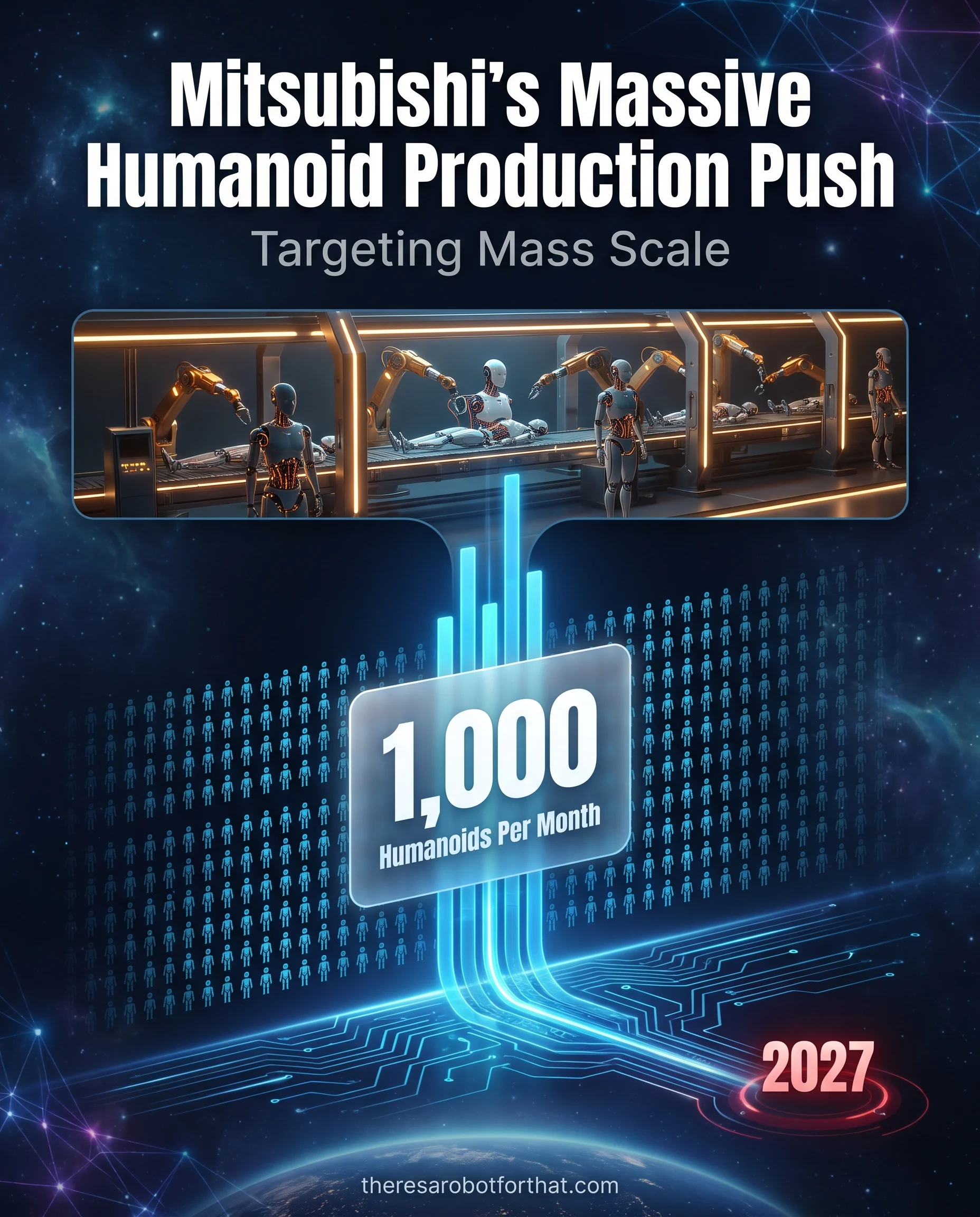Icon array graphic showing 1,000 robot figures to illustrate Mitsubishi's target of building 1,000 humanoid robots every month by 2027.
