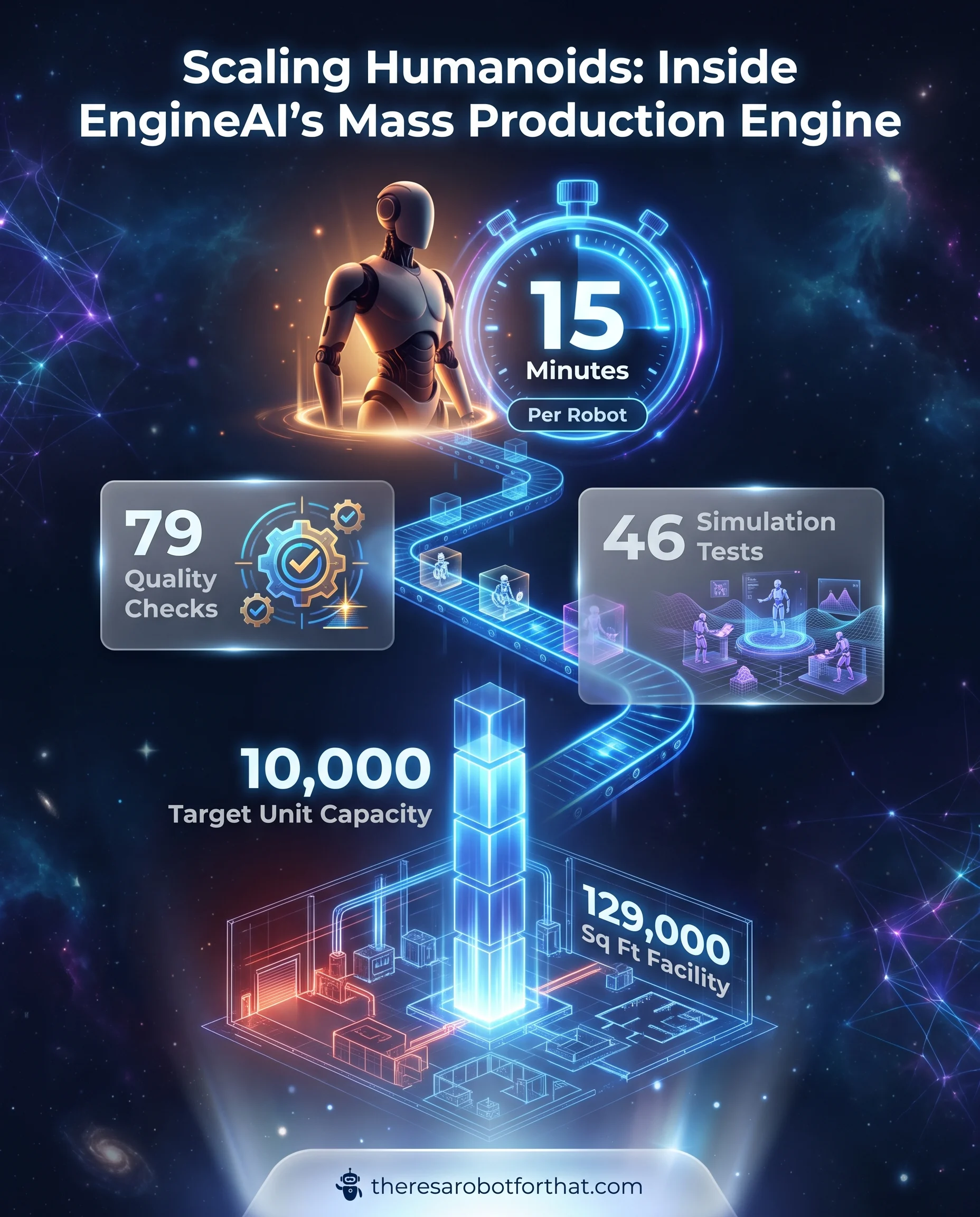 Statistical infographic detailing EngineAI's humanoid mass production, featuring a hero stat of 1 robot produced every 15 minutes, alongside supporting metrics of a 10,000-unit capacity, 79 quality checks, and 46 simulation tests within a 129,000 square foot facility.