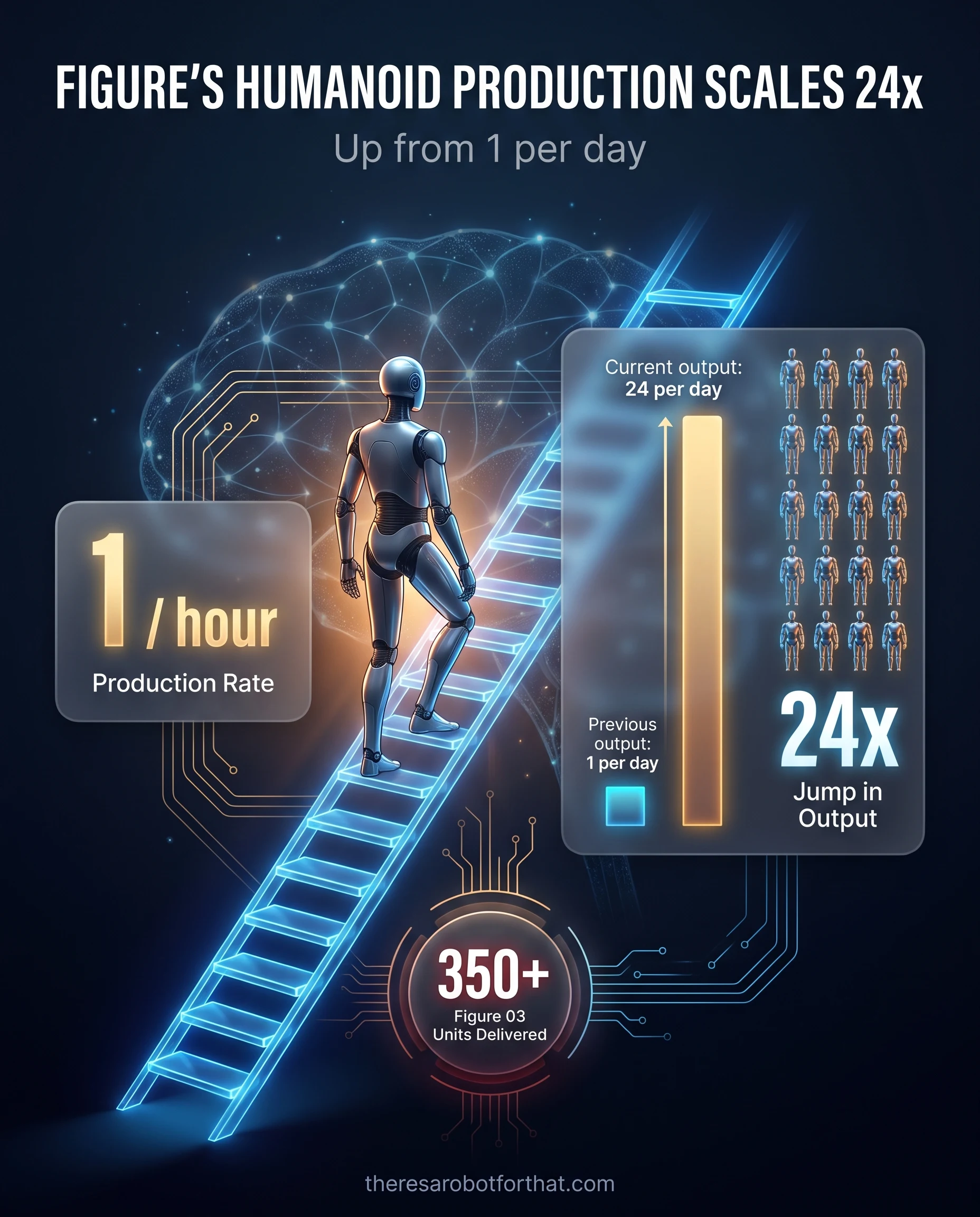 Bar chart comparing Figure's previous humanoid production rate of 1 per day to the new rate of 24 per day, representing a 24-fold increase, alongside a stat noting over 350 units delivered.