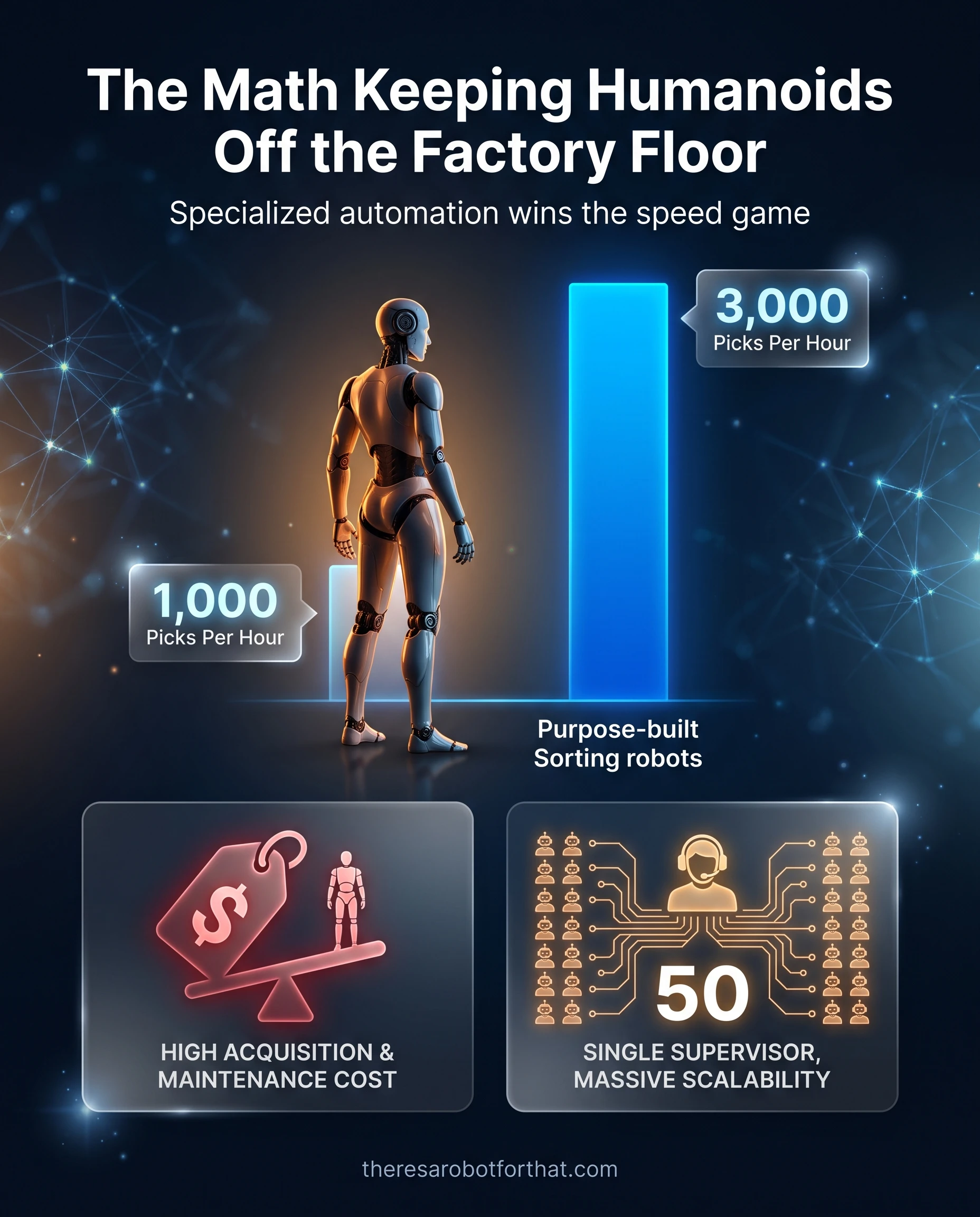 Comparative bar chart showing humanoid robots maxing out at 1,000 picks per hour, while specialized sorting machines achieve between 1,300 and 3,000 picks per hour.