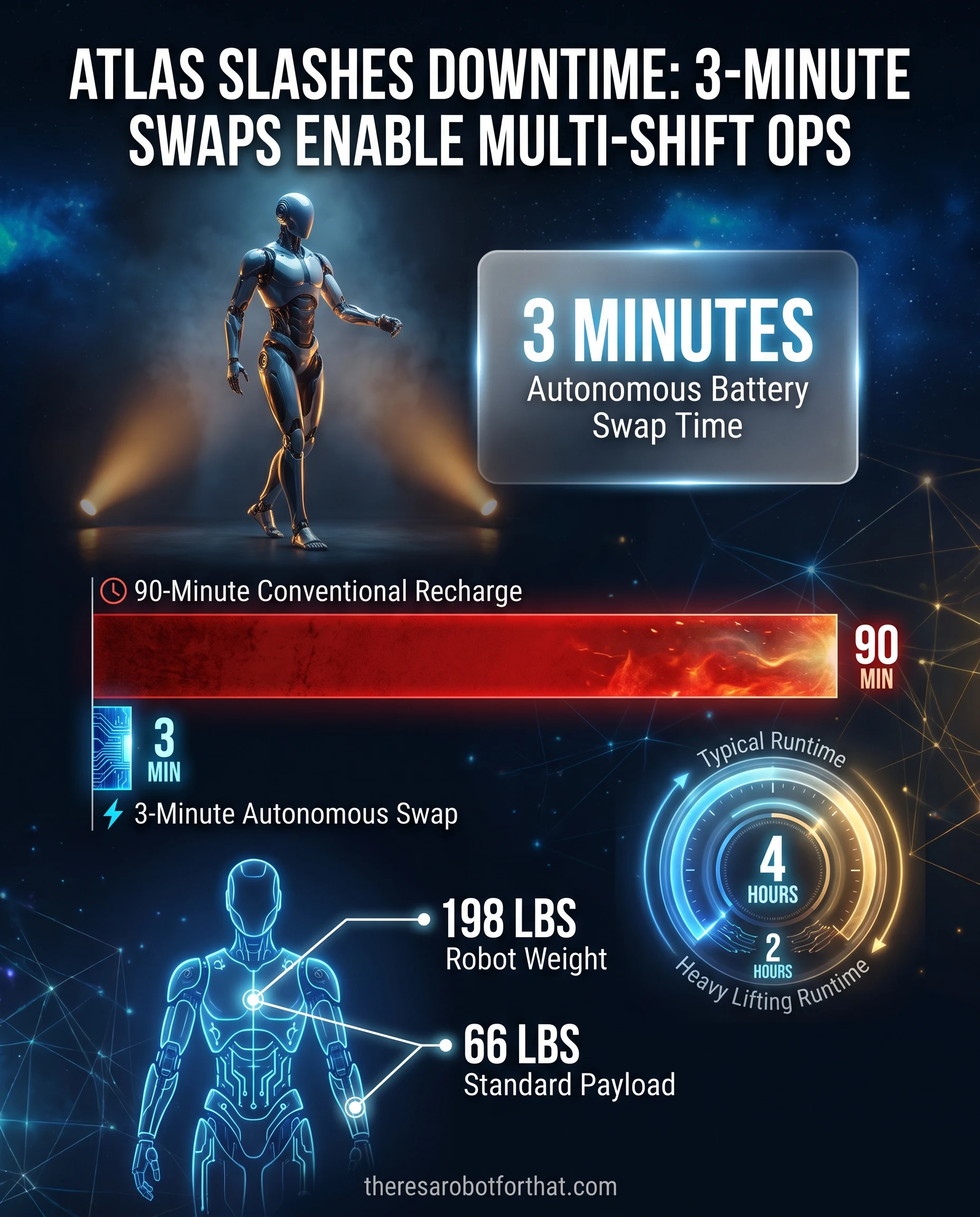 Bar chart comparing the Boston Dynamics Atlas robot's new 3-minute autonomous battery swap time against a traditional 90-minute recharge time, highlighting the massive reduction in operational downtime.
