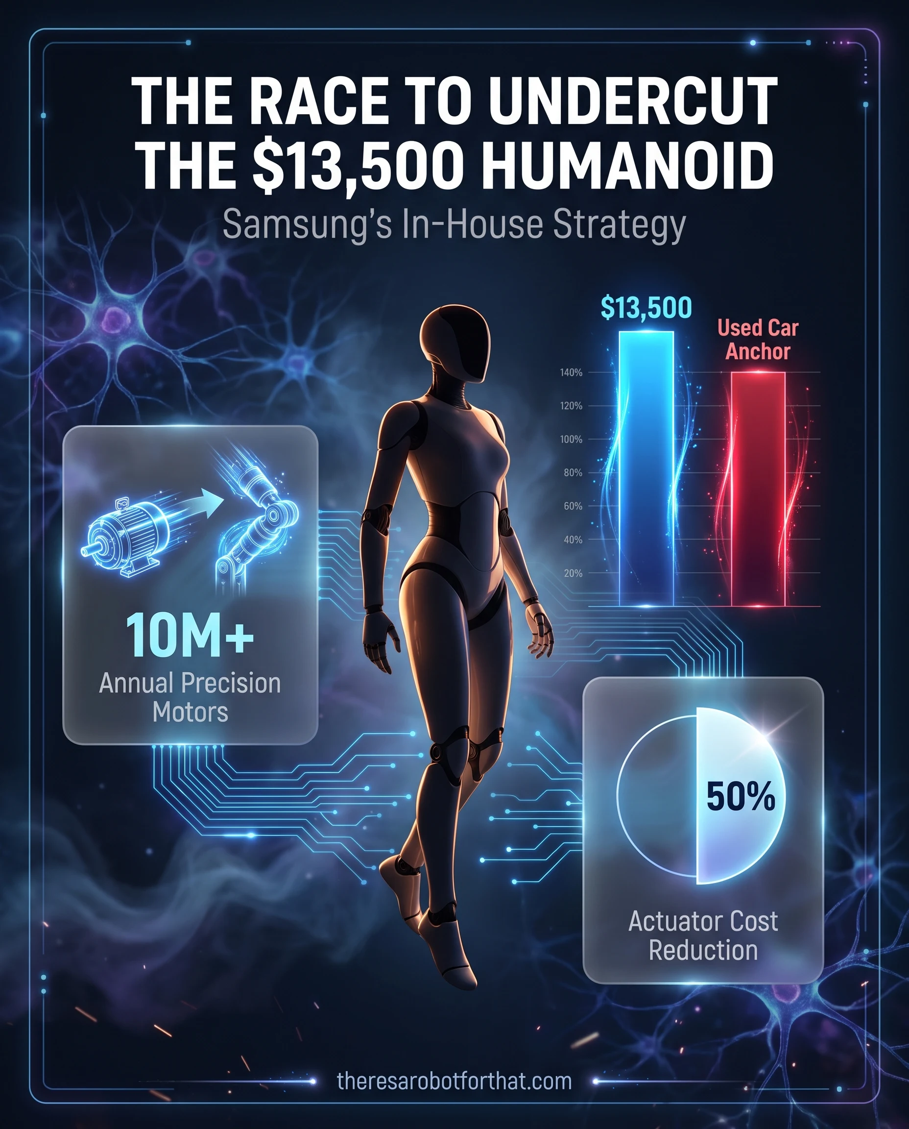 Comparison infographic showing the $13,500 cost of a Unitree humanoid next to a used car, highlighting Samsung's strategy to cut actuator costs by 50 percent using its existing mass production of tens of millions of appliance motors.