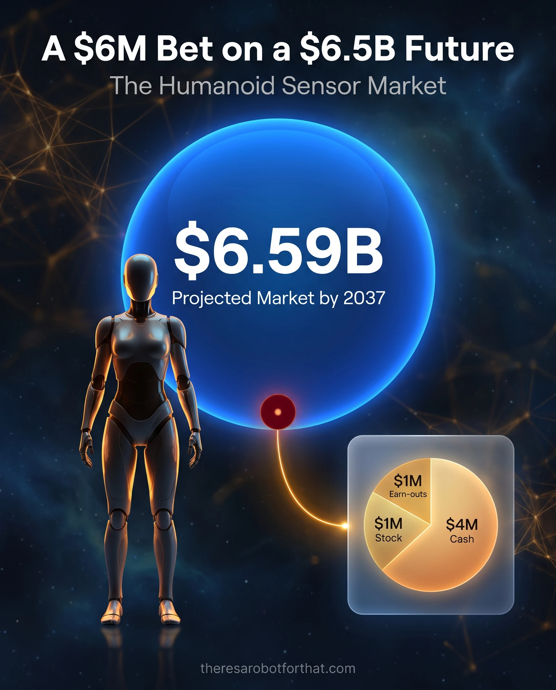 Bubble chart comparing a small $6 million acquisition, broken into cash, stock, and earn-out components, against a massive $6.59 billion projected sensor market by 2037.