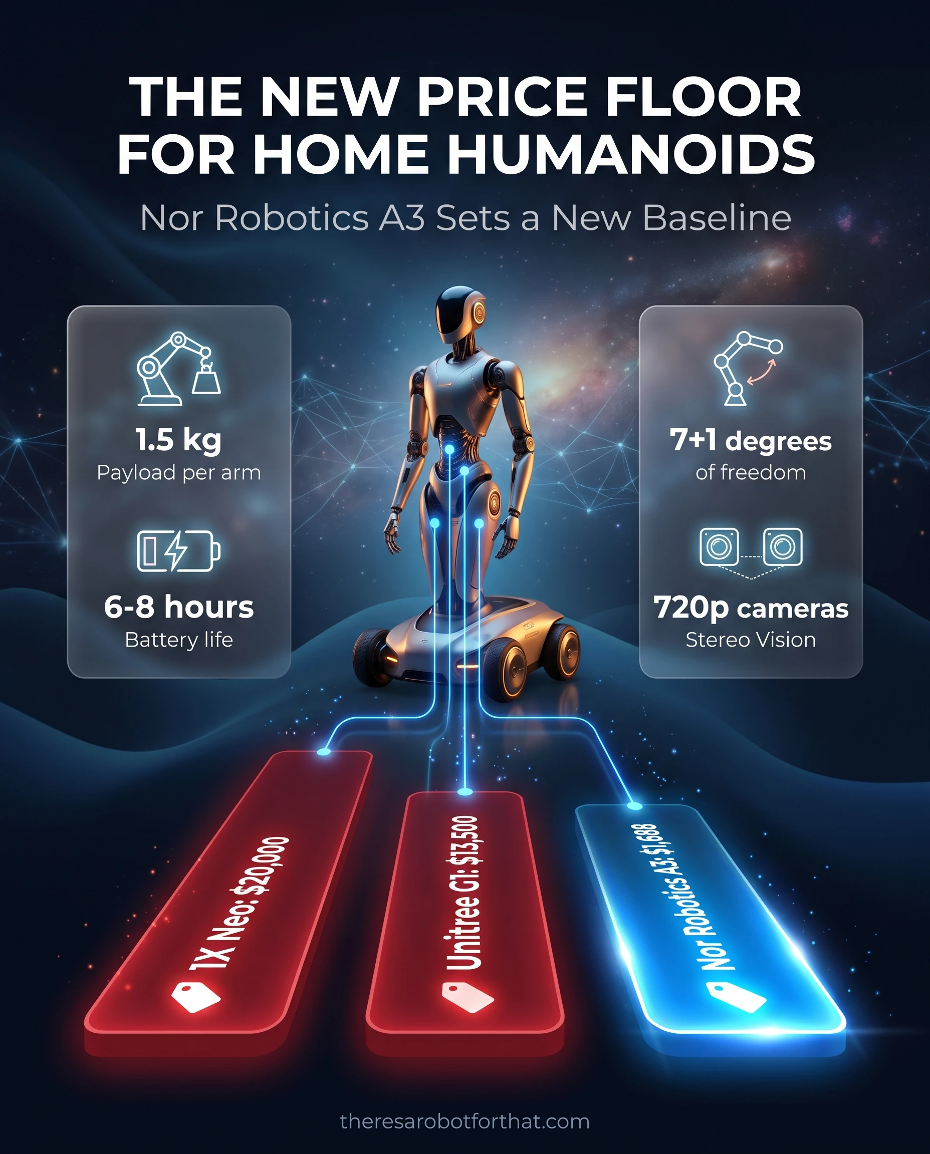 Horizontal bar chart comparing humanoid robot prices. The Nor Robotics A3 costs $1,688, dwarfed by the Unitree G1 at $13,500 and the 1X Neo at $20,000.