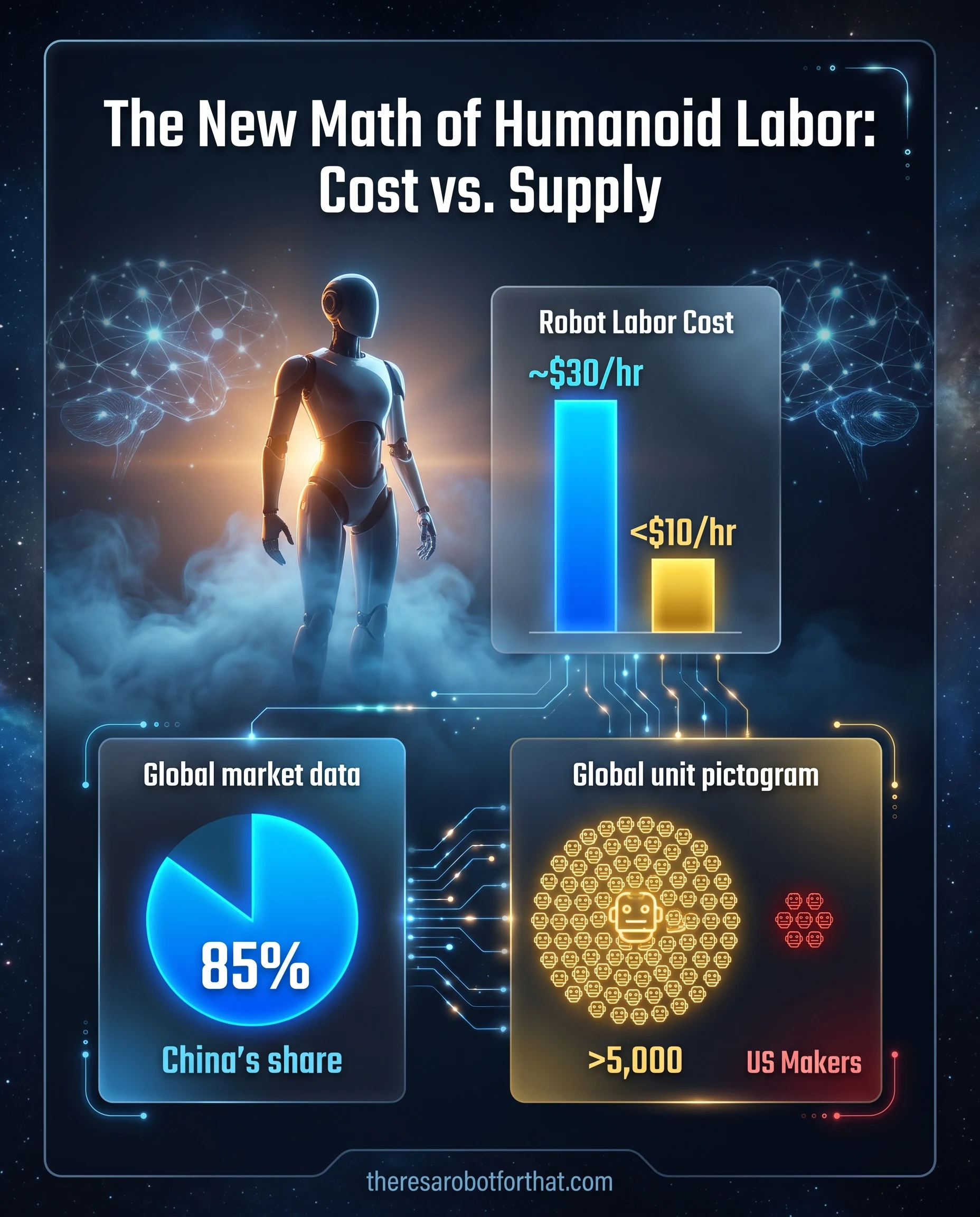 Comparative charts showing humanoid robot labor estimated under 10 dollars an hour versus human warehouse labor at 30 dollars, alongside data showing China holds 85 percent of the global market and shipped over 5,000 units in 2025 compared to a few hundred from US rivals.