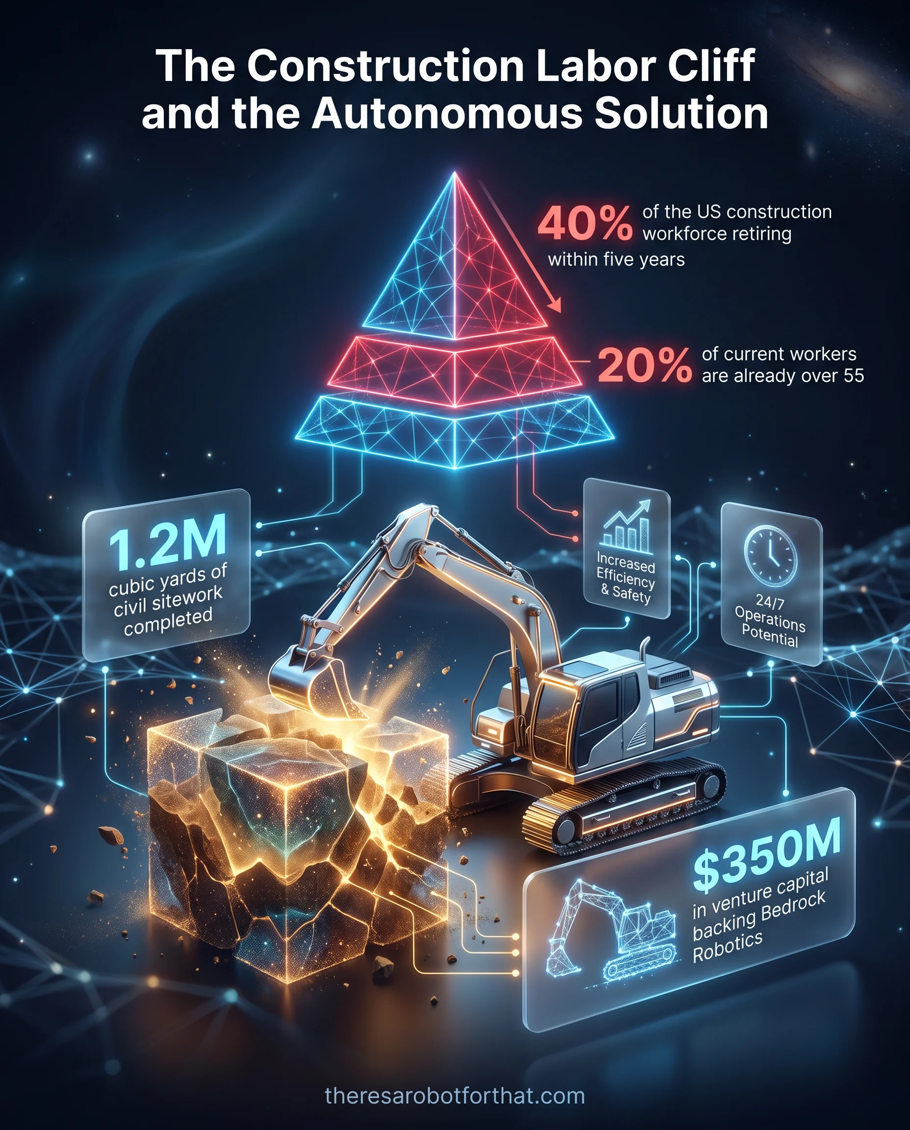 Statistical infographic contrasting the construction labor shortage with autonomous solutions. A demographic chart shows 40 percent of the workforce retiring within five years and 20 percent over 55, alongside operational metrics of 1.2 million cubic yards of sitework completed by operator-free excavators backed by 350 million dollars in funding.