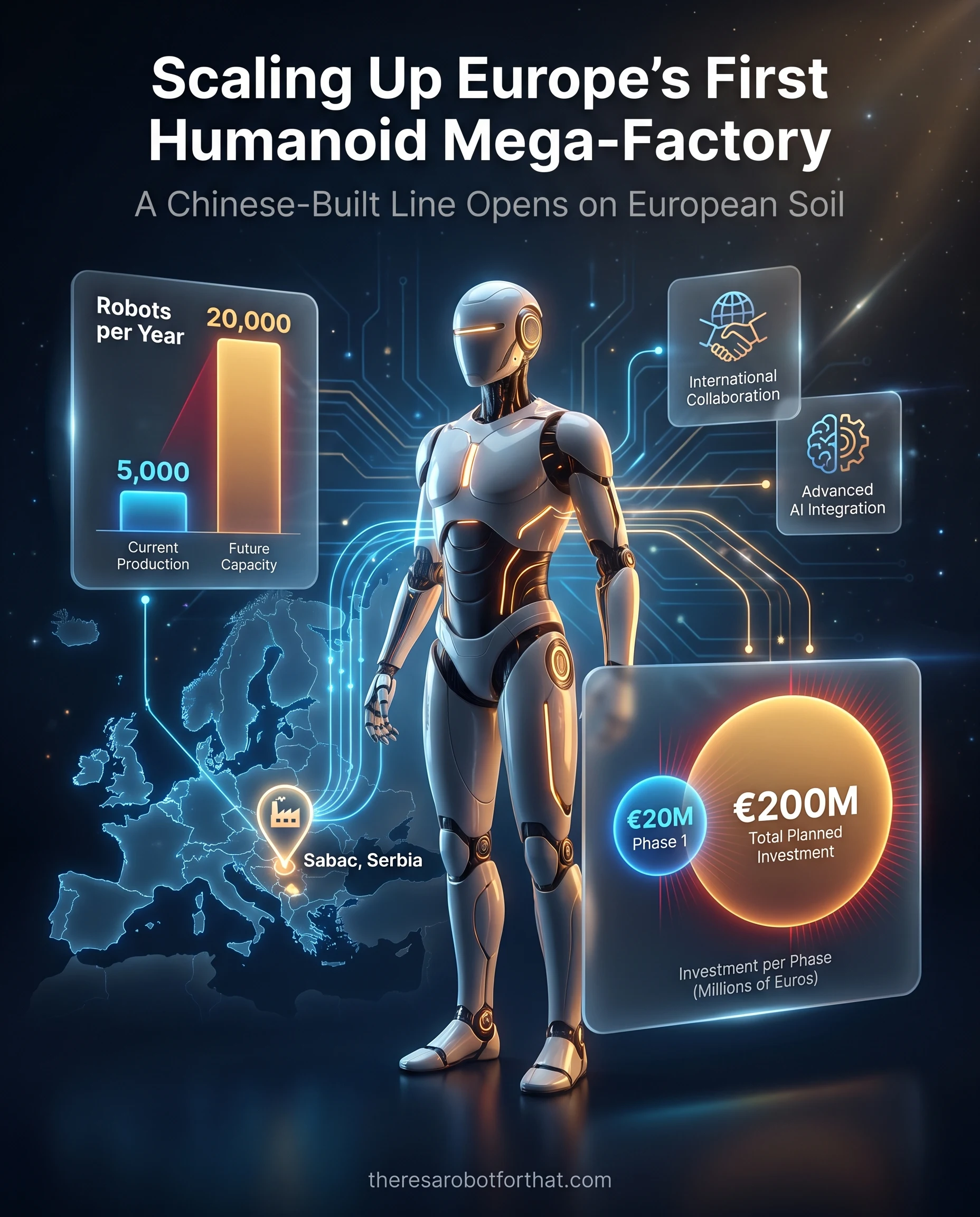Bar chart and proportional area chart illustrating the scale of Europe's first humanoid robot factory in Serbia. It highlights a target capacity of 20,000 units per year scaling from an initial 5,000, and a total planned investment of 200 million euros growing from a 20 million euro phase one.