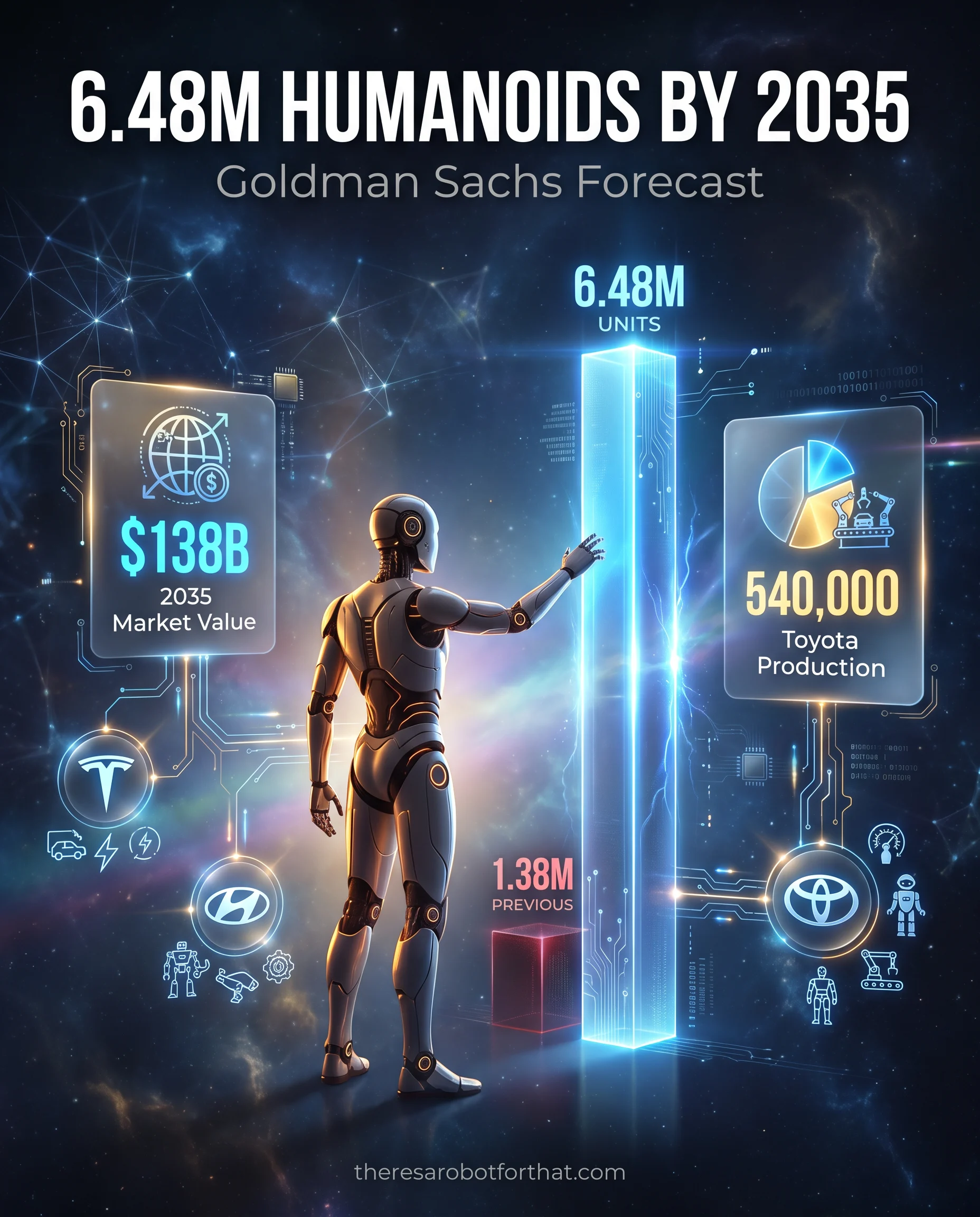 Bar chart comparing Goldman Sachs' previous 2035 humanoid robot forecast of 1.38 million units to the updated forecast of 6.48 million units, alongside a projected market value of 138 billion dollars.