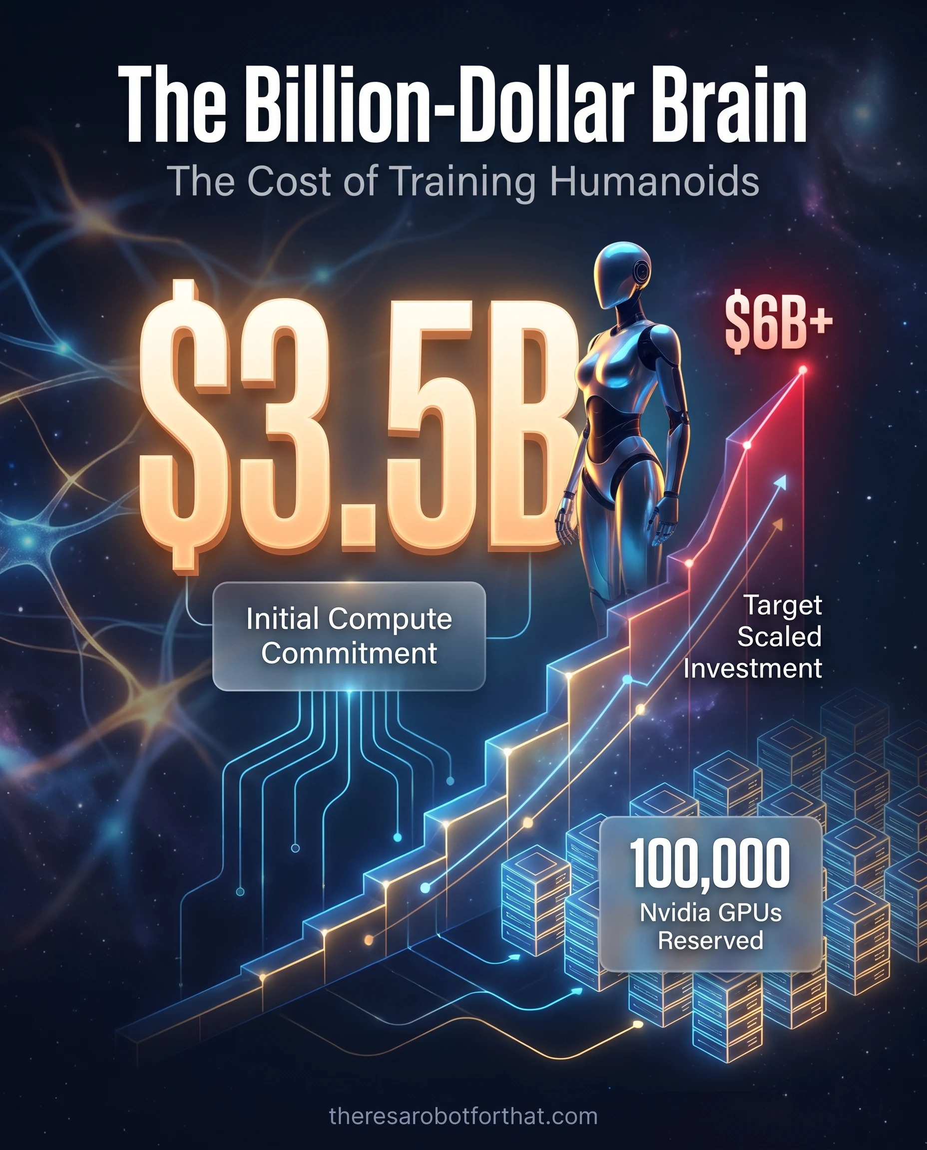 Statistical infographic highlighting Figure's initial $3.5 billion compute deal with Nscale, featuring 100,000 Nvidia GPUs and a projected scale to over $6 billion for training humanoid robots.
