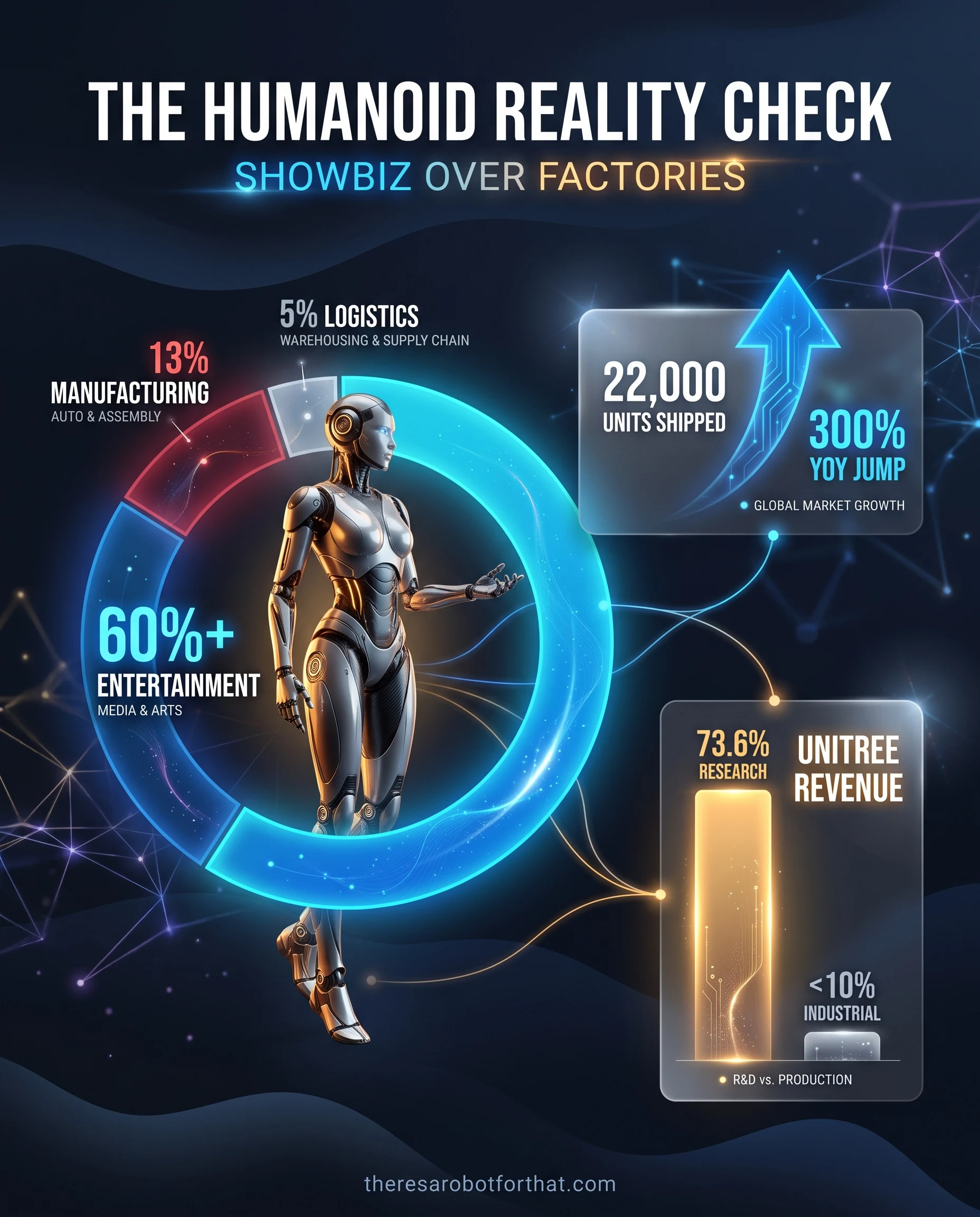 A data visualization breaking down H1 2026 humanoid robot shipments. A chart reveals that while shipments jumped 300 percent to 22,000 units, over 60 percent went to entertainment and research, dwarfing the 13 percent used in manufacturing and 5 percent in logistics.