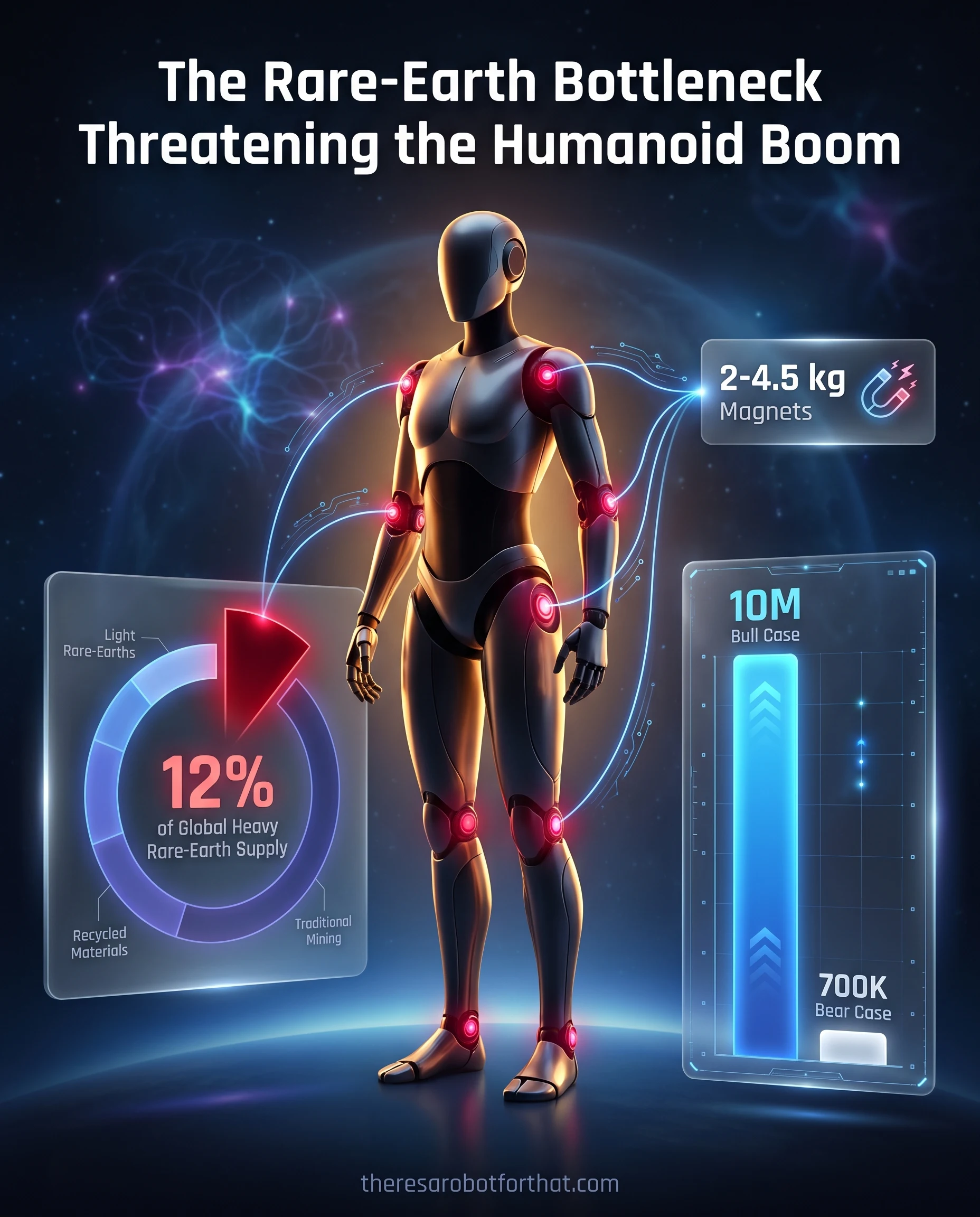 Bar and pie charts comparing humanoid robot production forecasts, illustrating that 10 million robots a year would consume 12 percent of the global heavy rare-earth supply, compared to just 1.7 percent for a 1.4 million base case.